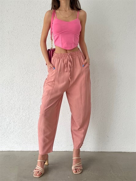 Korse Detay Askılı Triko Bluz Pembe