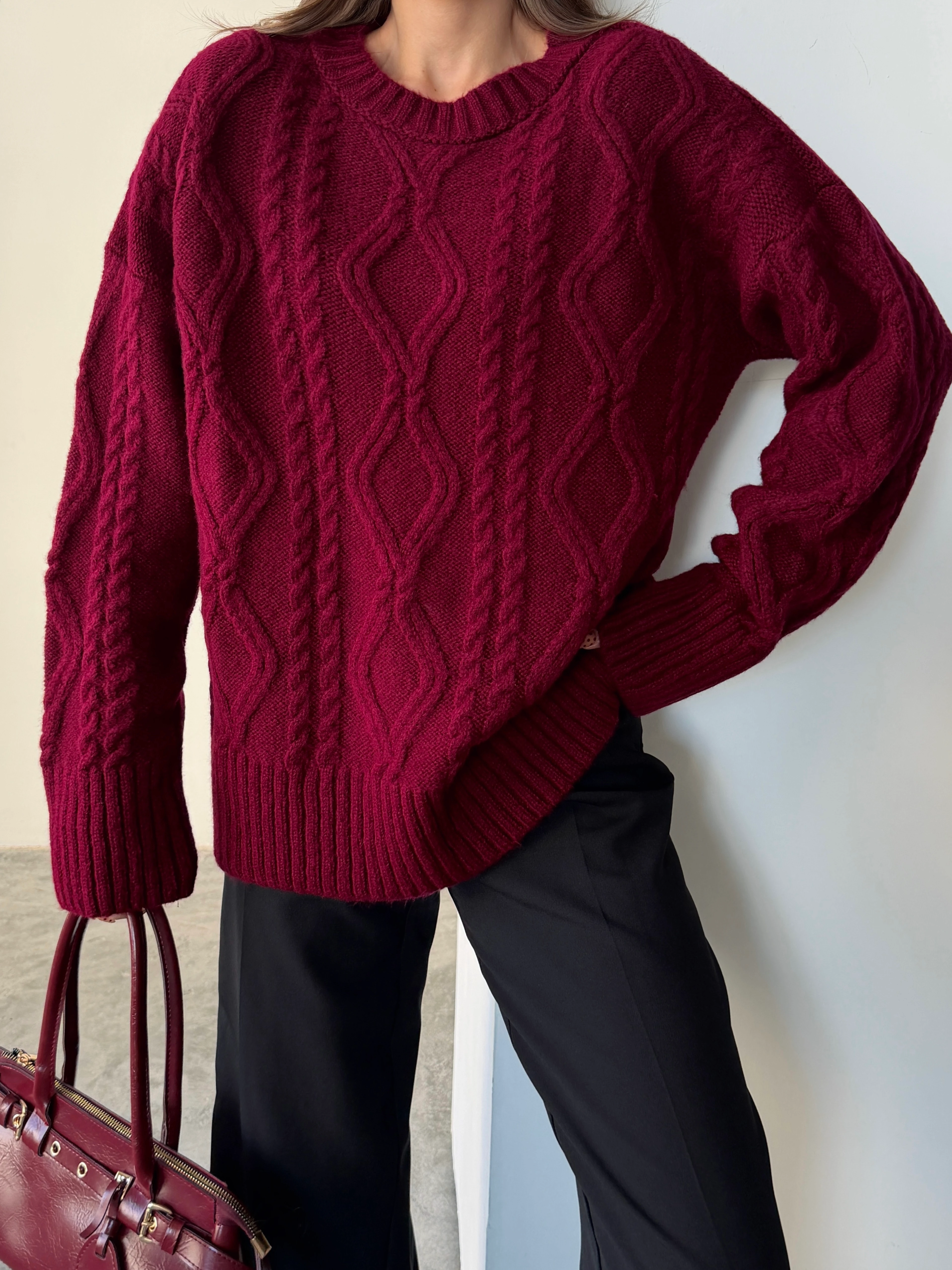 Saç Örgü Desenli Yıkamalı Triko - Bordo