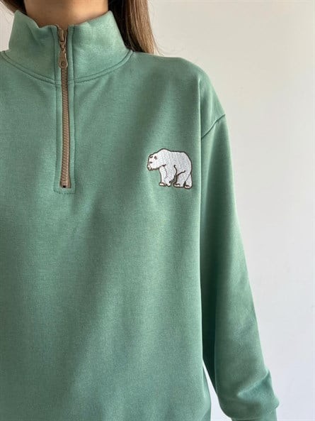 Dik Yaka Fermuarlı Bear Sweat Mint