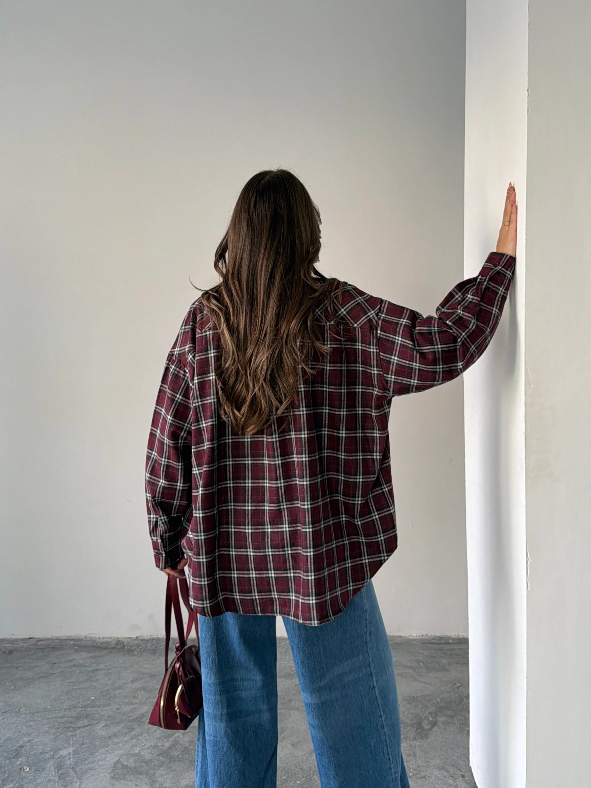 Kareli Oversize Gömlek - Bordo