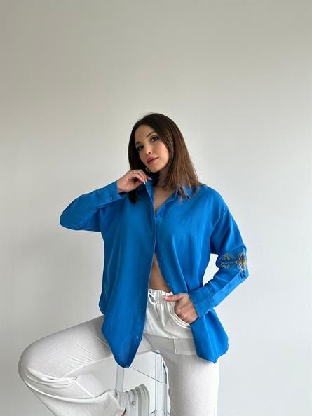 Kol Nakış İşleme Oversize Keten Gömlek Mavi