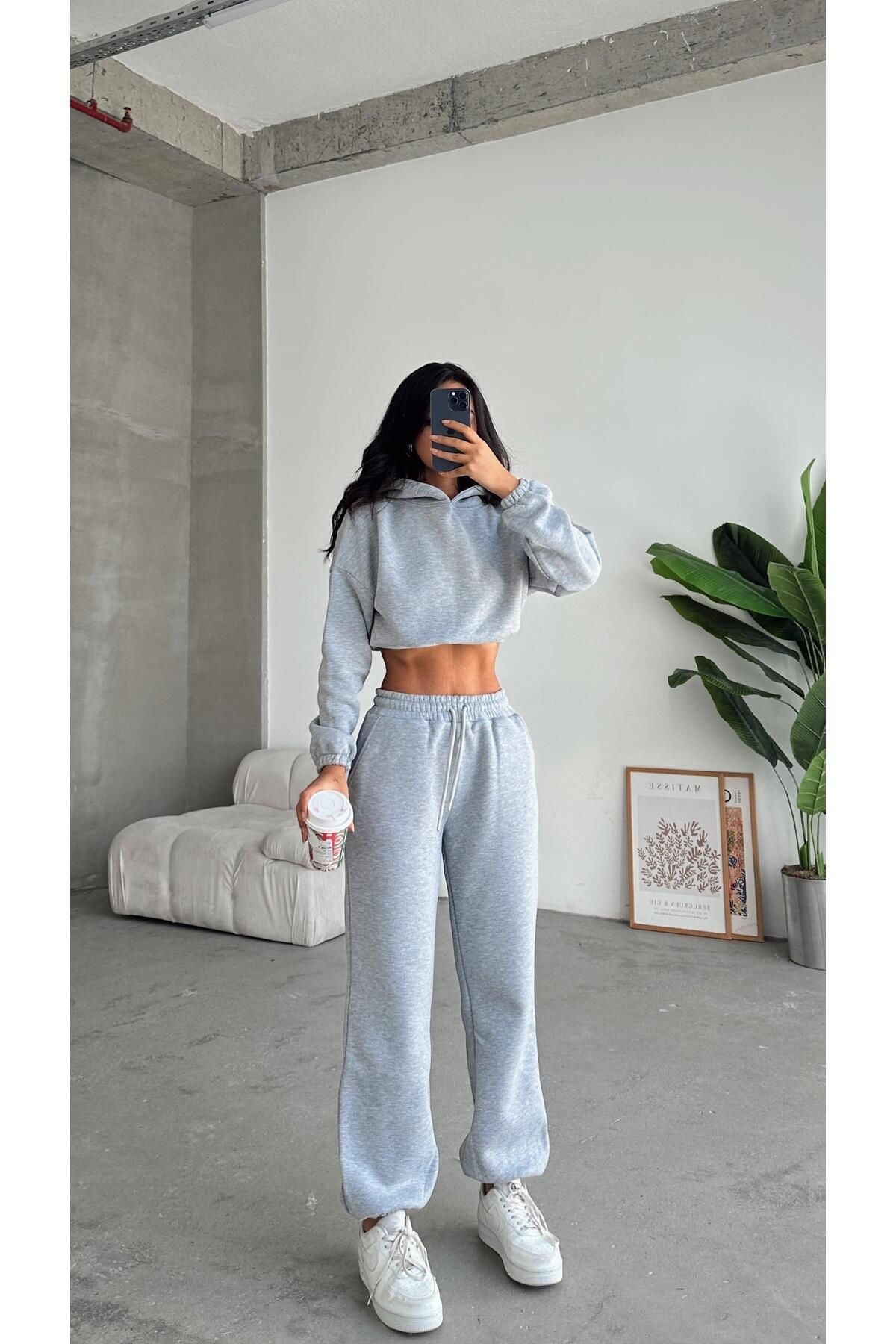 Kapüşonlu Crop Sweat Jogger Eşofman Takım Gri