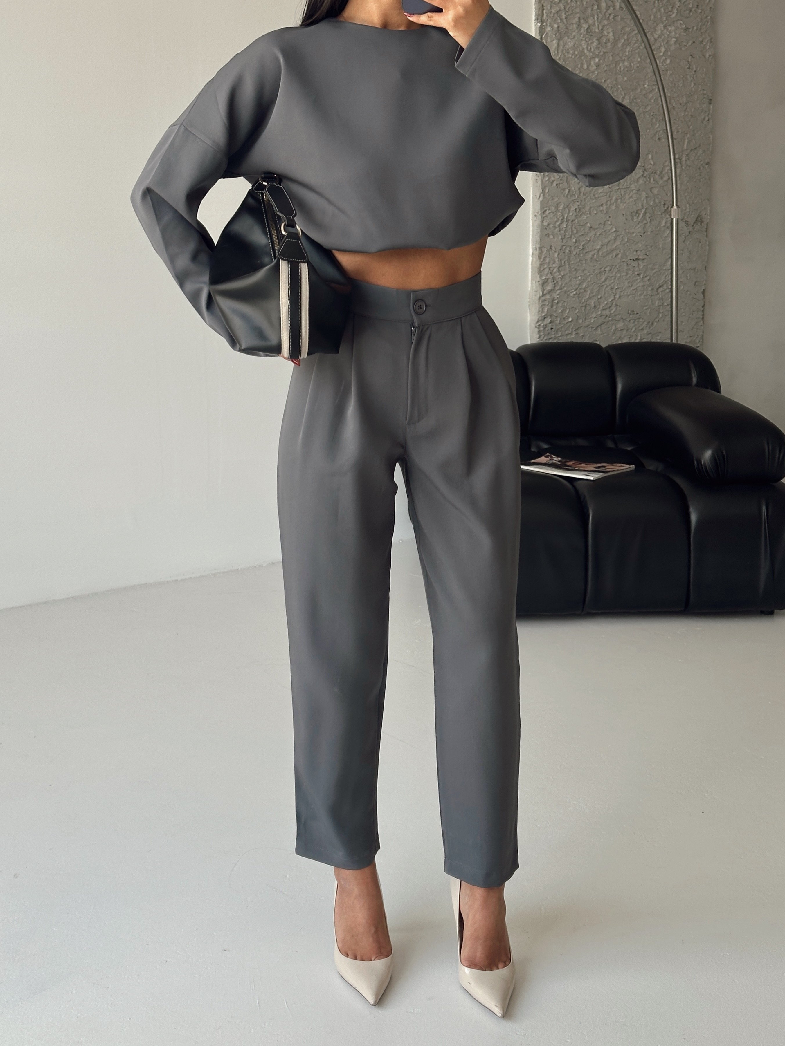 Petra Crop Pantolon Takım Füme