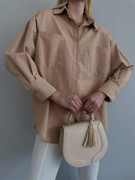Sırt Yırtmaç Detay Oversize Poplin Gömlek Vizon