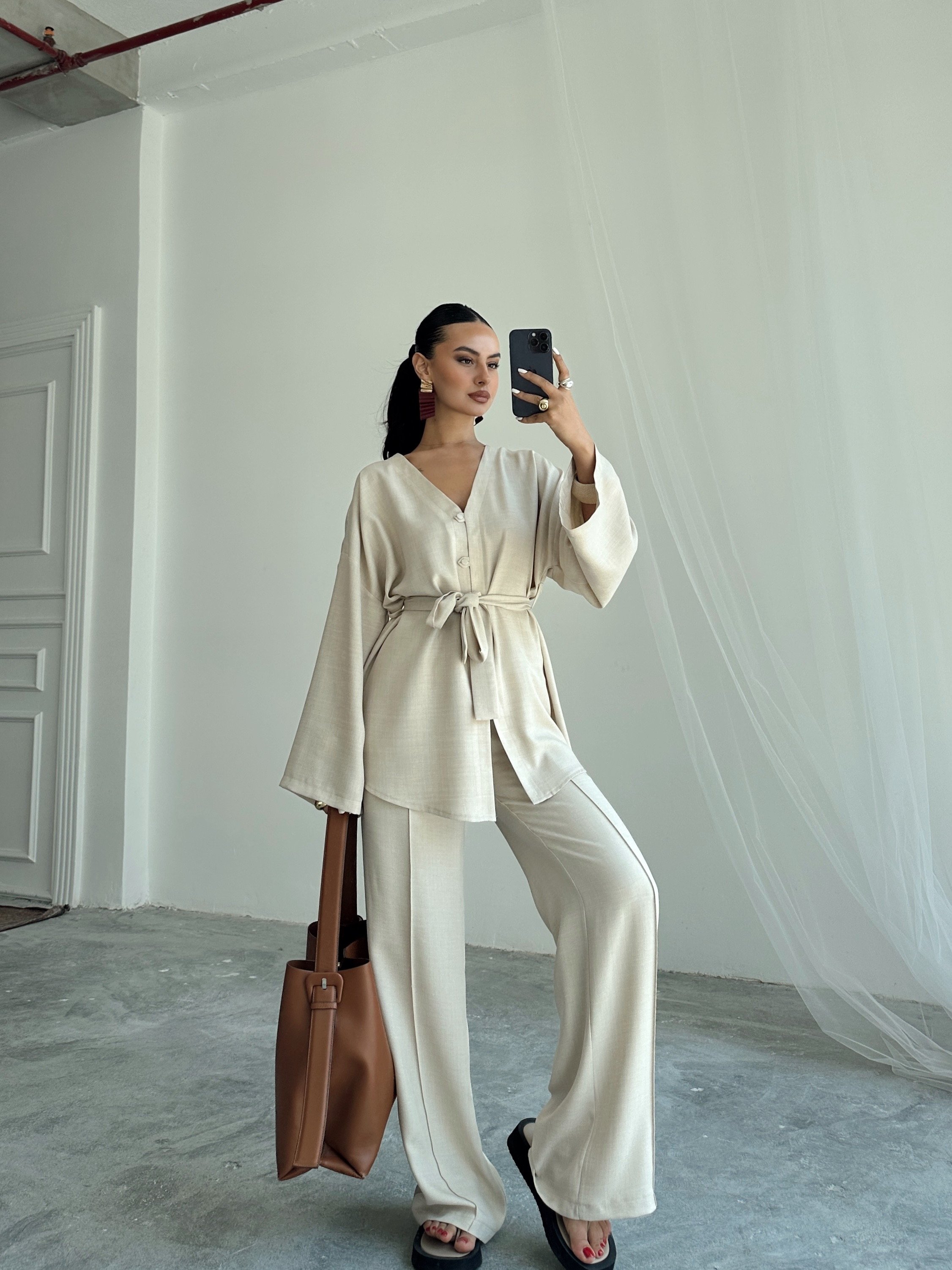 Düğme Detay Kuşaklı Kimono Takım - Krem