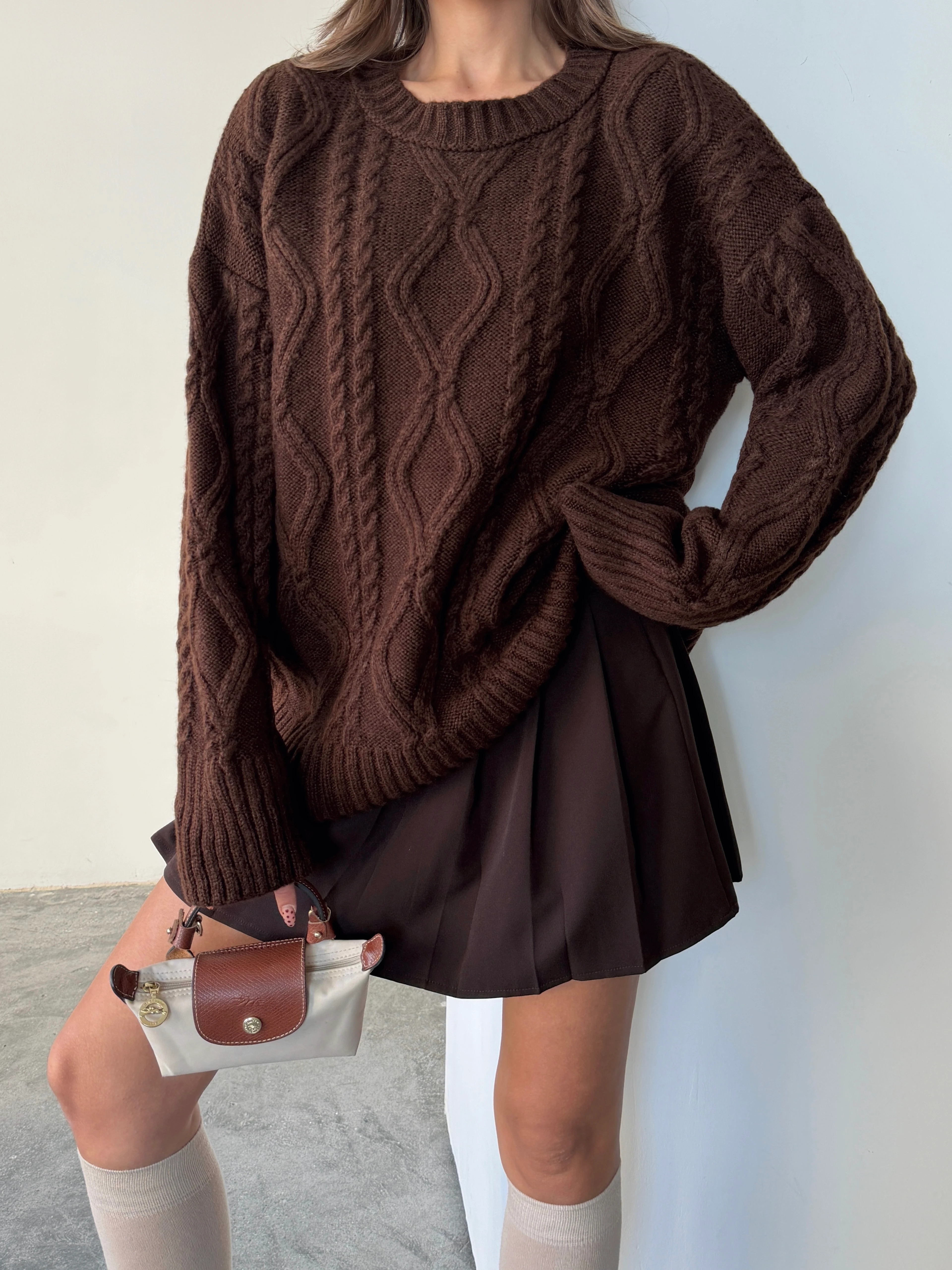 Saç Örgü Desenli Yıkamalı Triko - Acı kahve