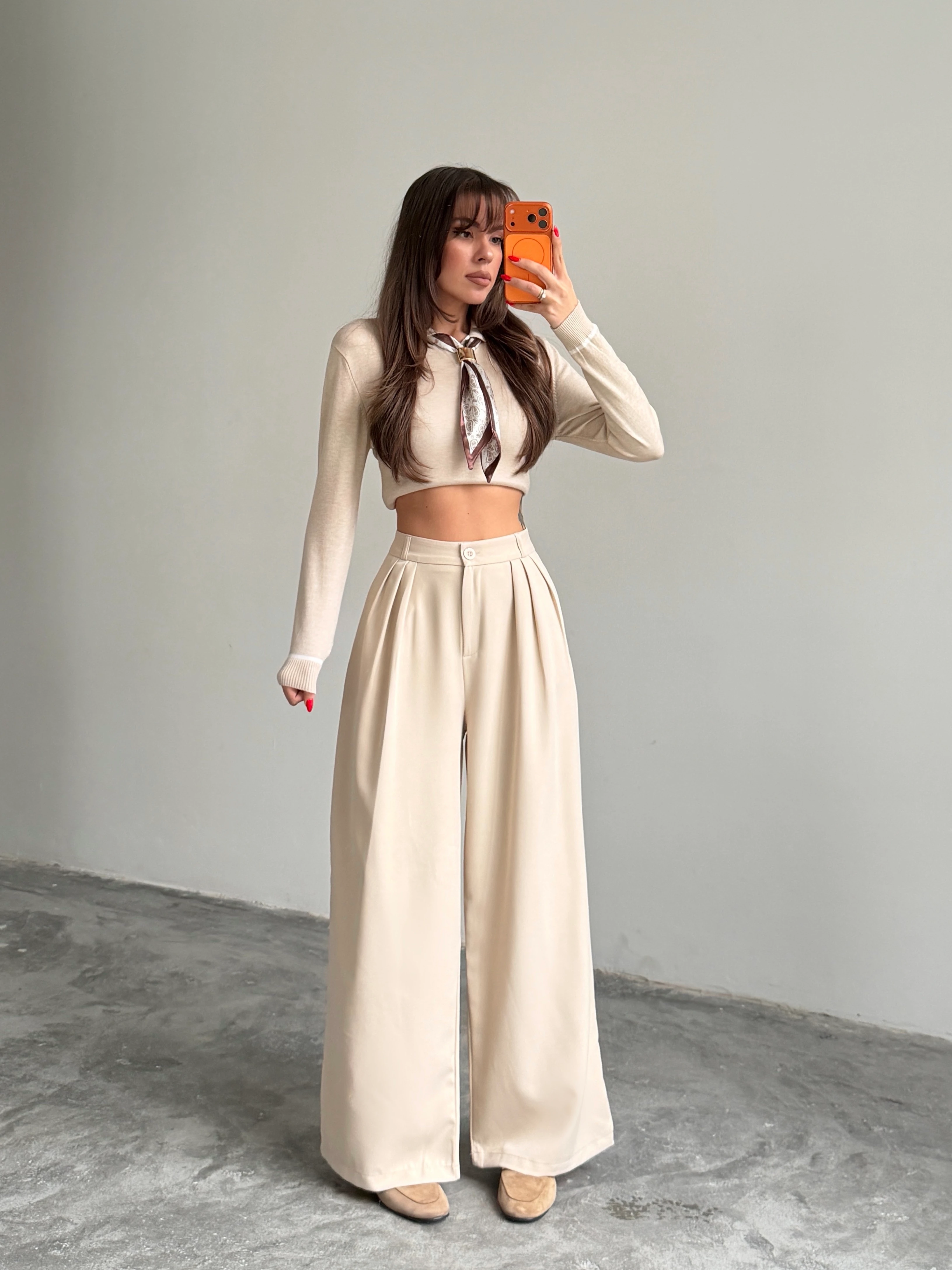 Üç Pile Palazzo Pantolon - Taş