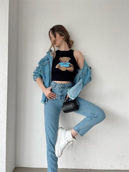 Bear Halter Yaka Fitilli Crop Siyah