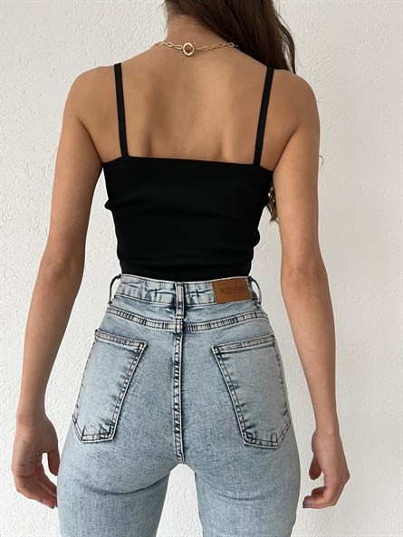 Korse Detay Askılı Triko Bluz Siyah