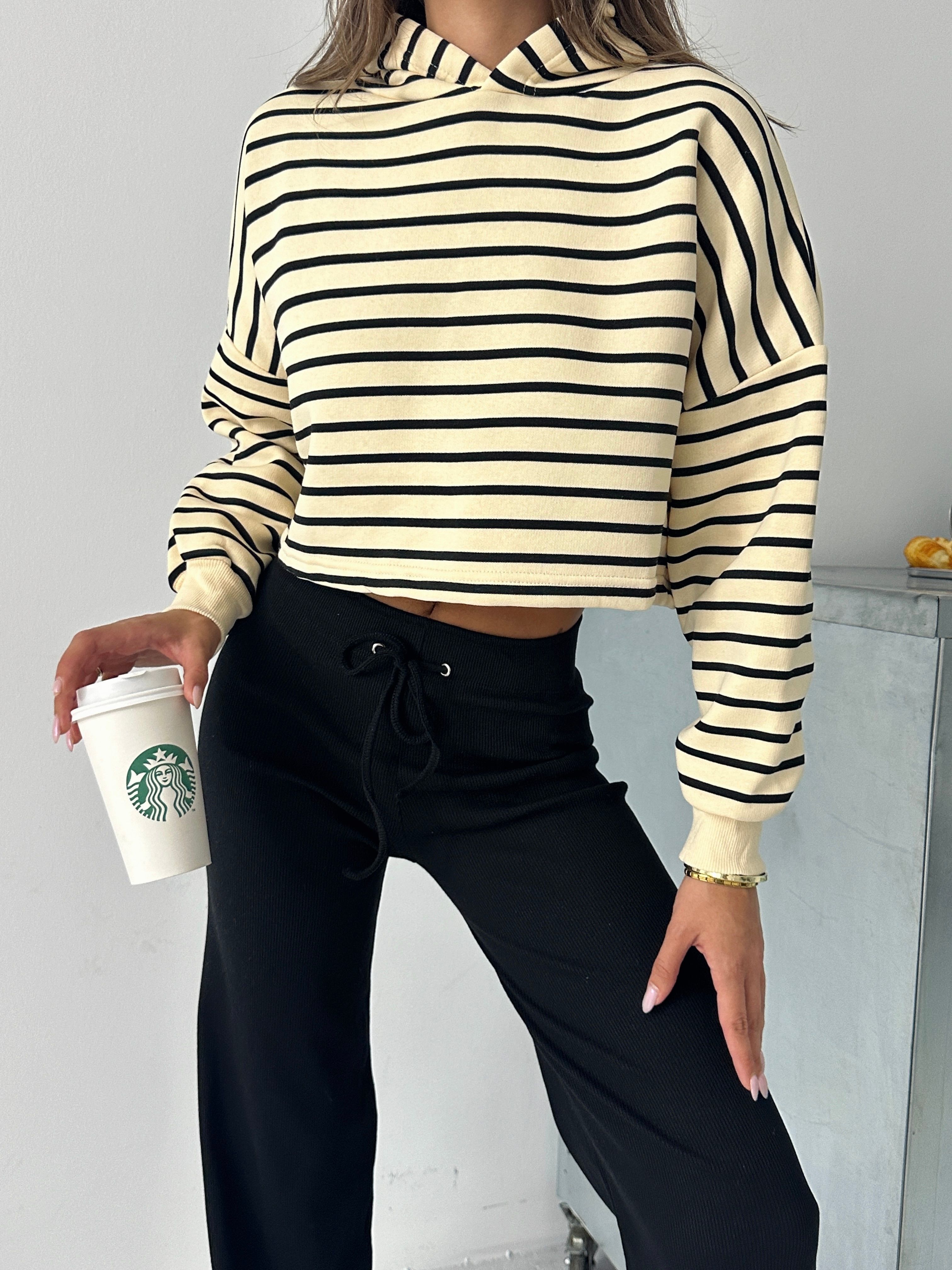 Kapüşonlu Çizgili Crop Sweat - Siyah