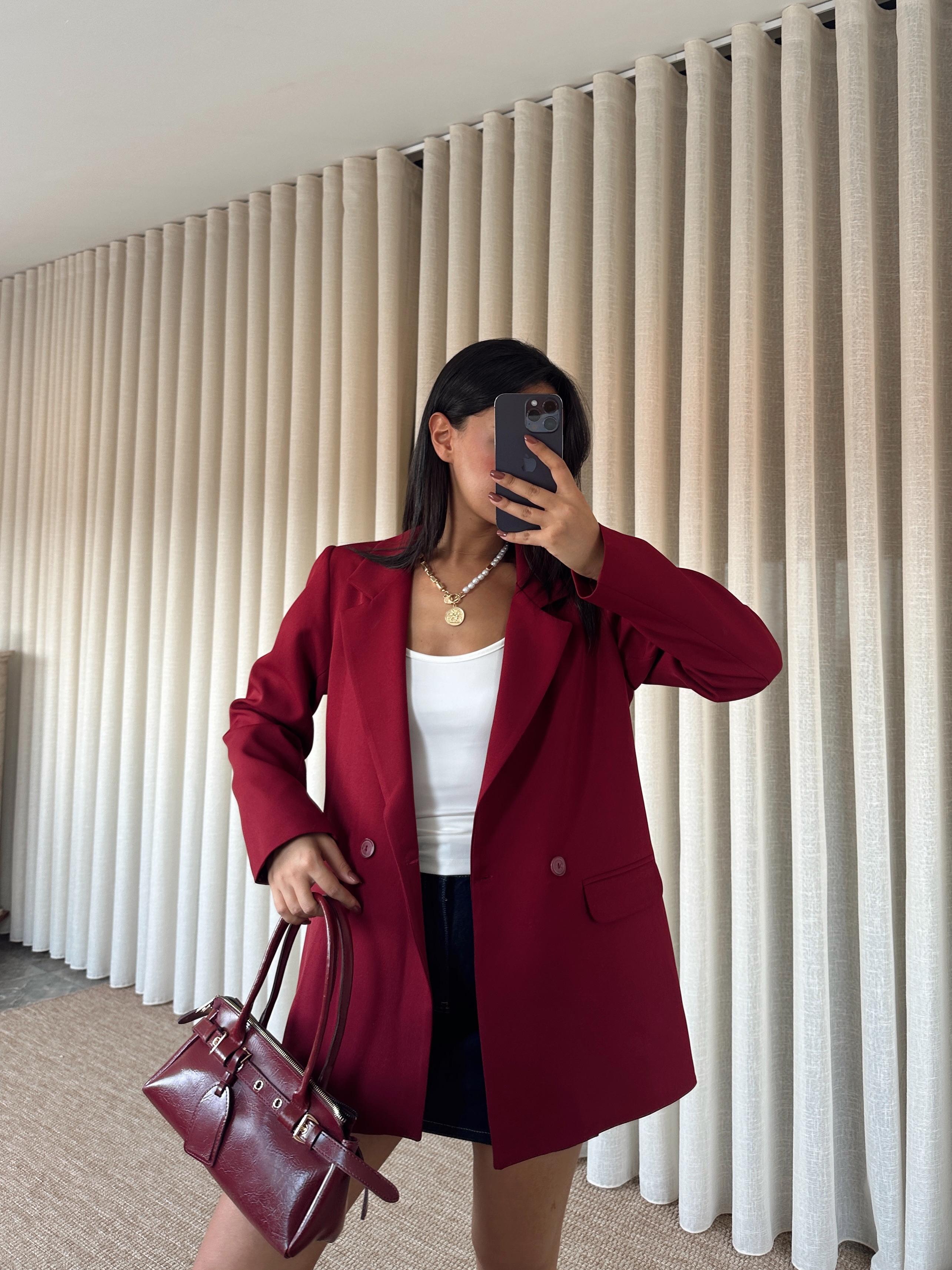 Çift Düğme Oversize Blazer  - Bordo