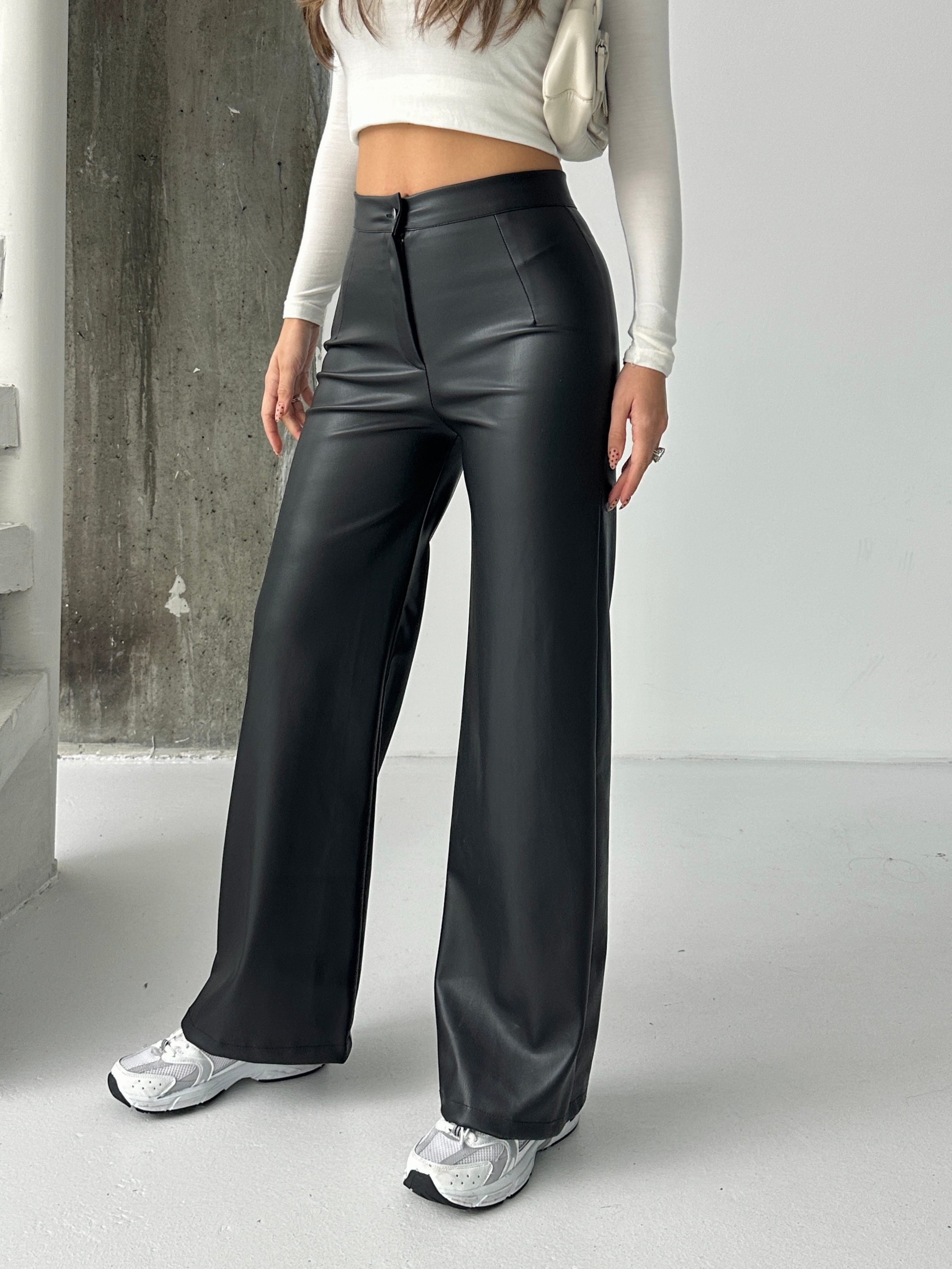 Düz Kesim Şardonlu Deri Palazzo  - Siyah