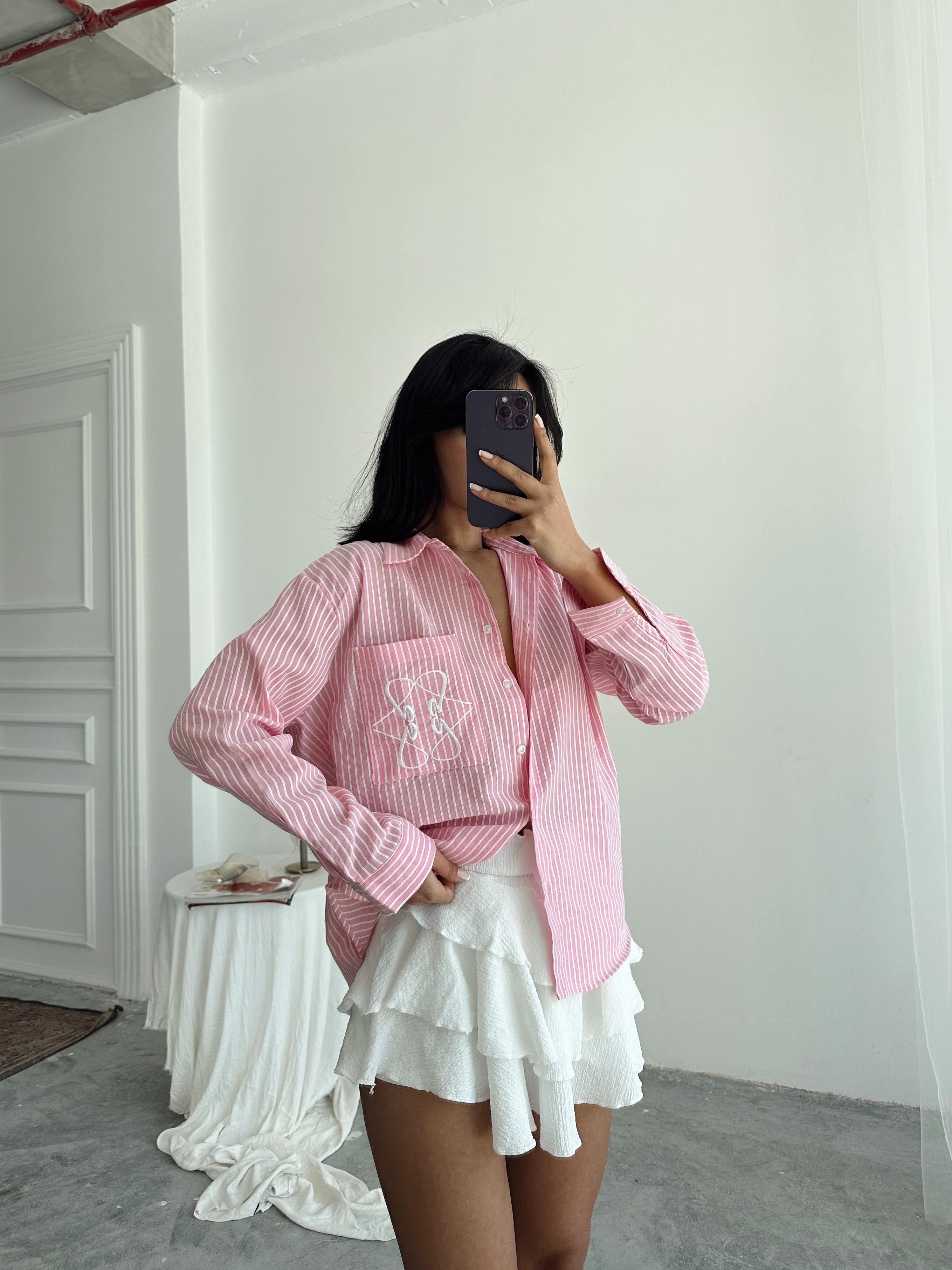 Nakış Detay Çizgili Gömlek - Pembe