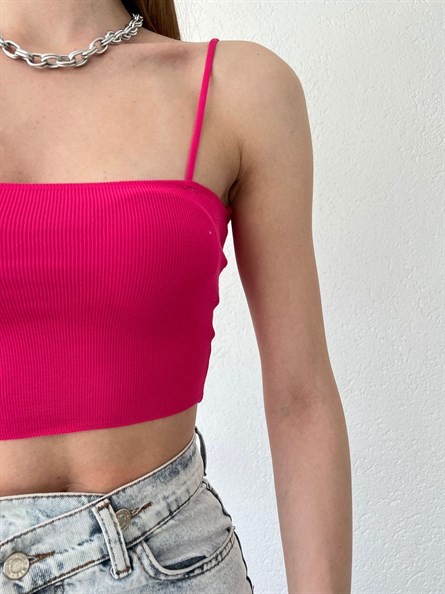 Kare Yaka İnce Askı Triko Bluz Fuşya