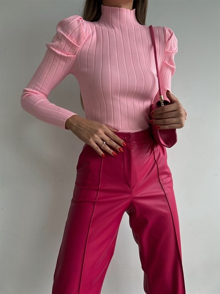 Dik Yaka Balon Kol Fitilli Triko Pembe