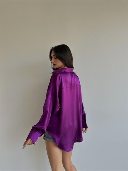Oversize Saten Gömlek Mor