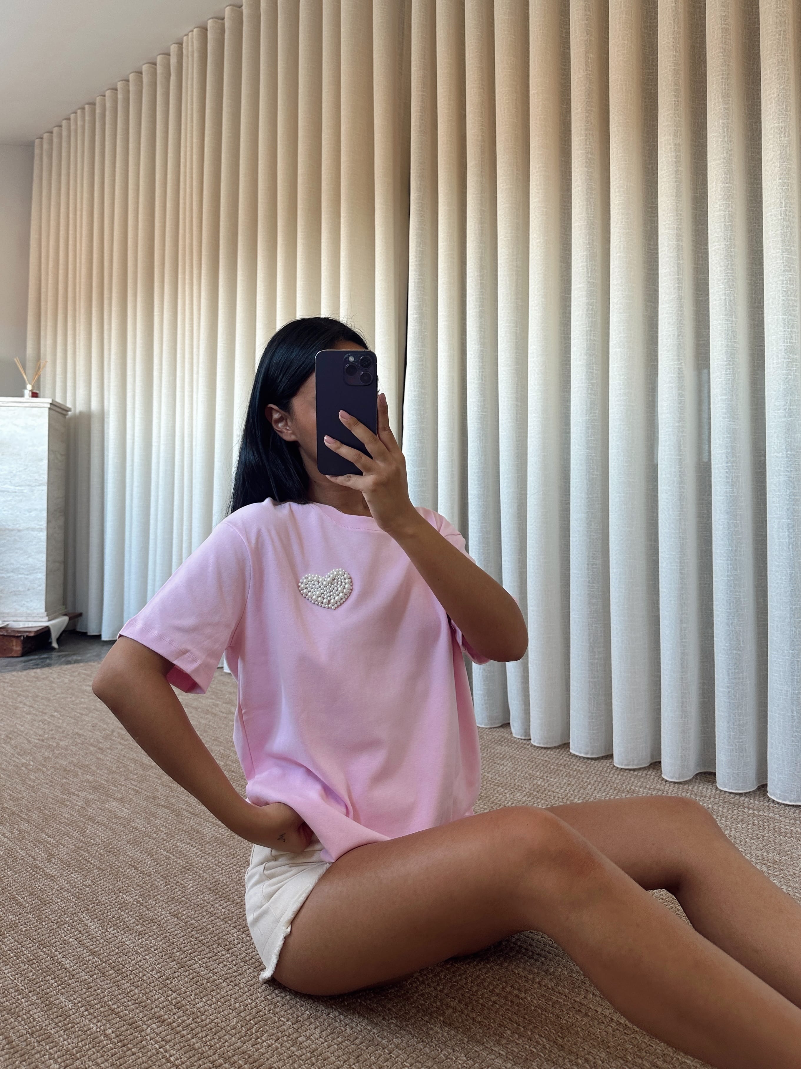 İnci Detay Oversize Basic - Pembe