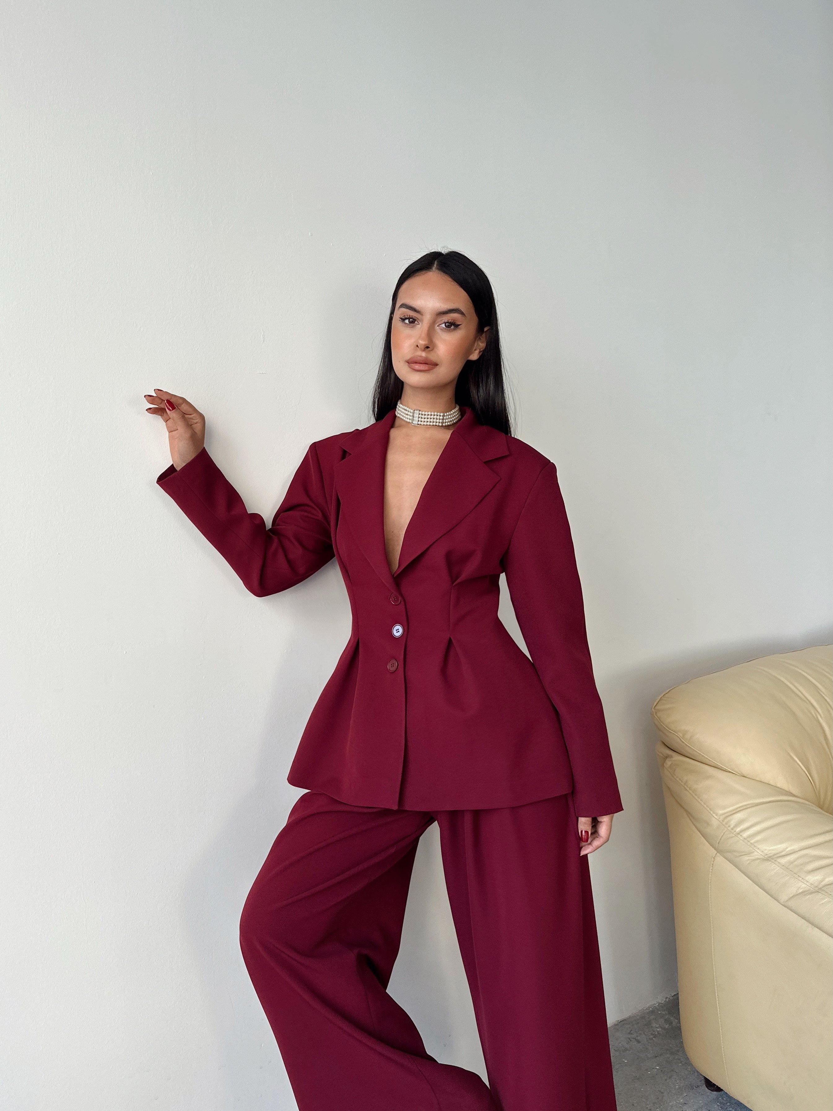 Pile Detay Oturtmalı Blazer Ceket  - Bordo