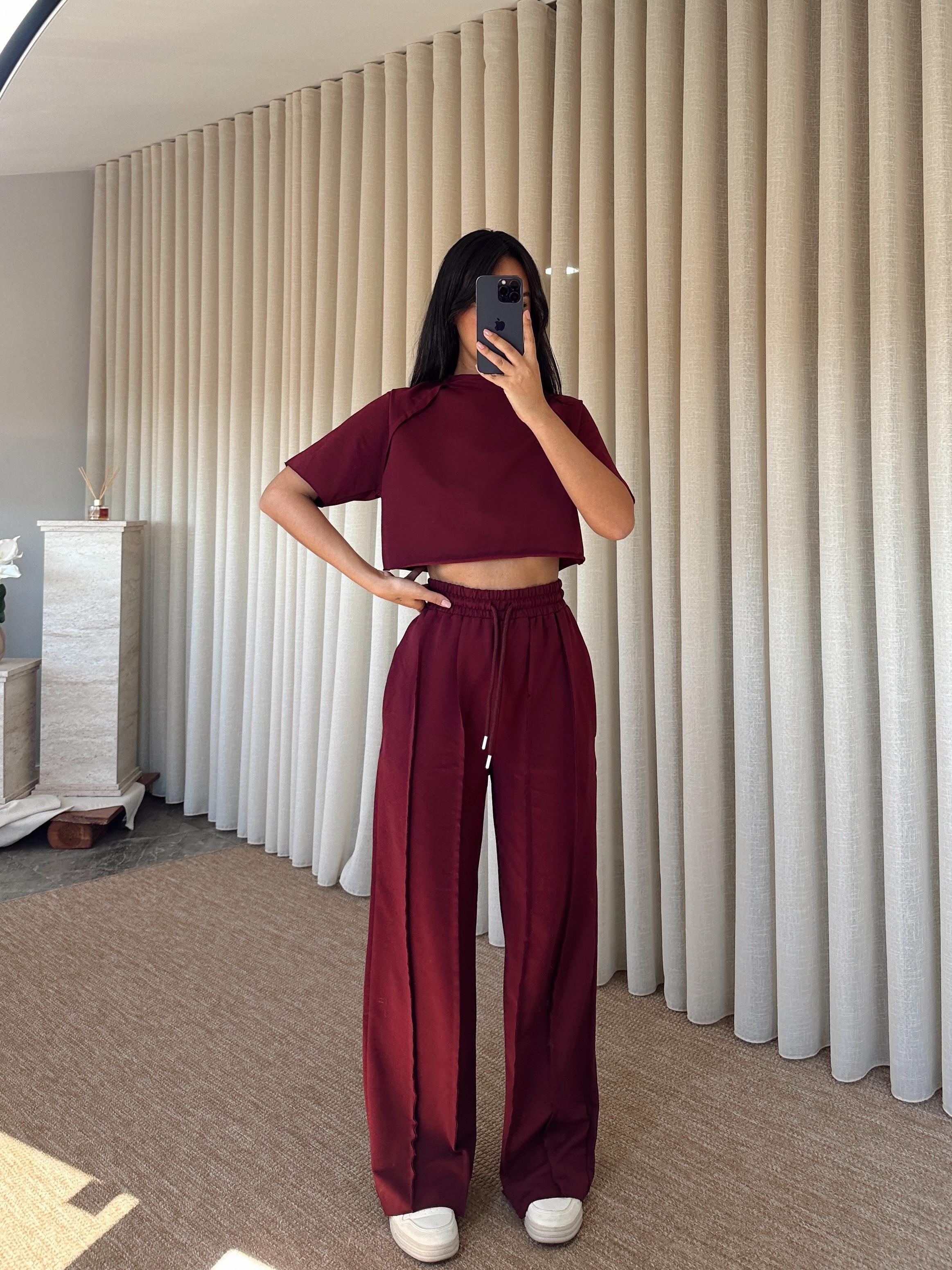 Ters Dikiş Detay Crop Takım - Bordo