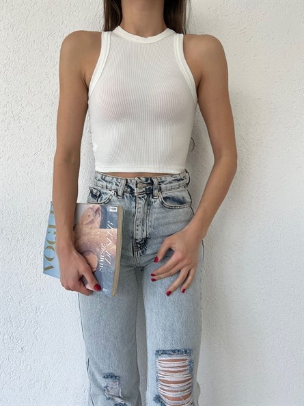 Halter Yaka Fitilli Croptop Beyaz