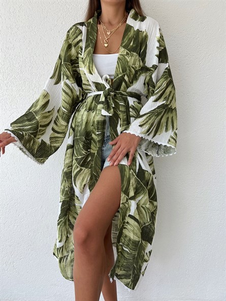 Dokuma Desenli Kimono Yeşil-Ekru