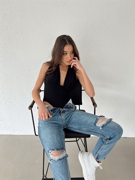 Boyun Bağlama Dekolte Bodysuit Siyah
