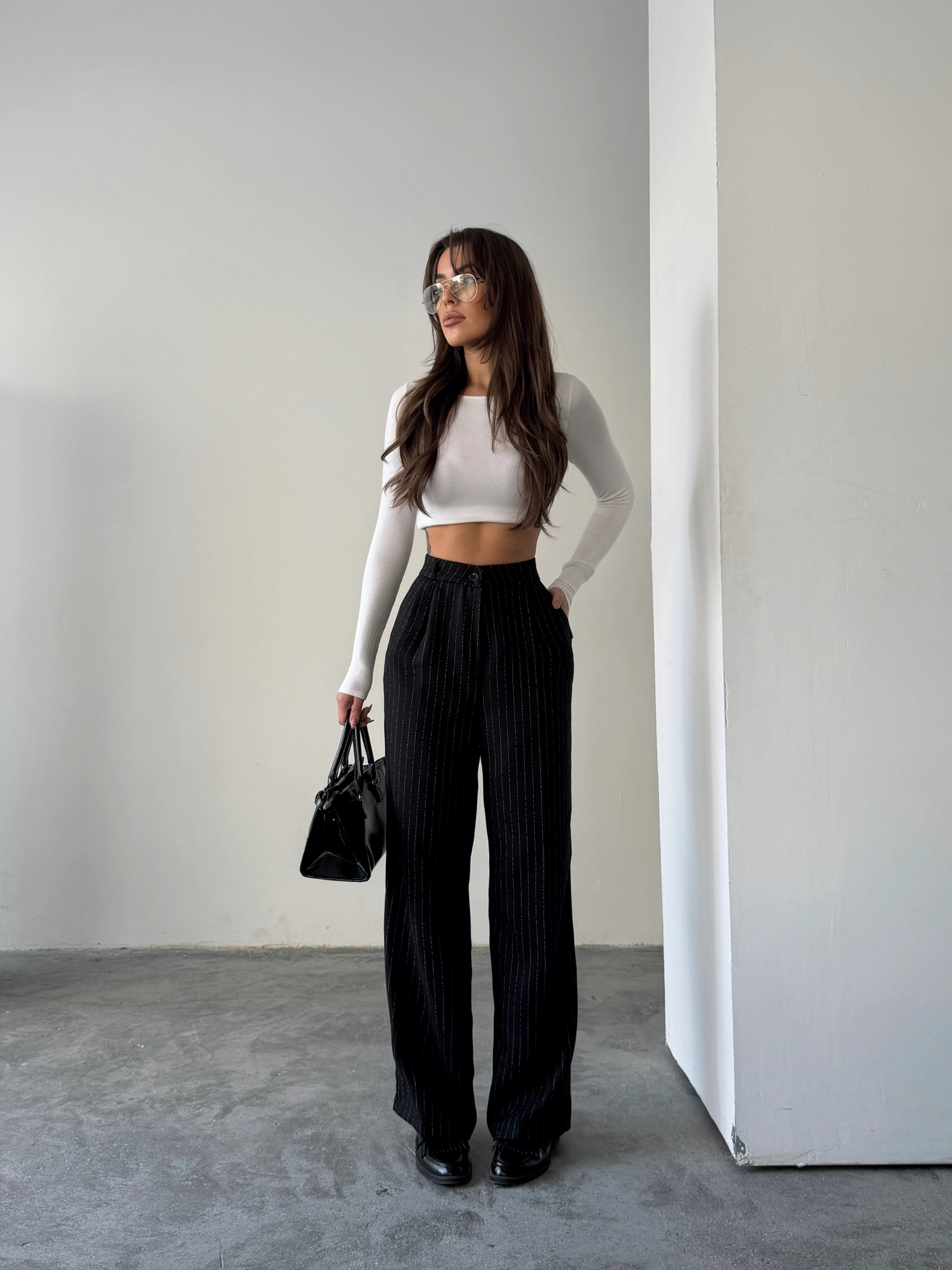 Yünefekt Çizgili Palazzo - Siyah