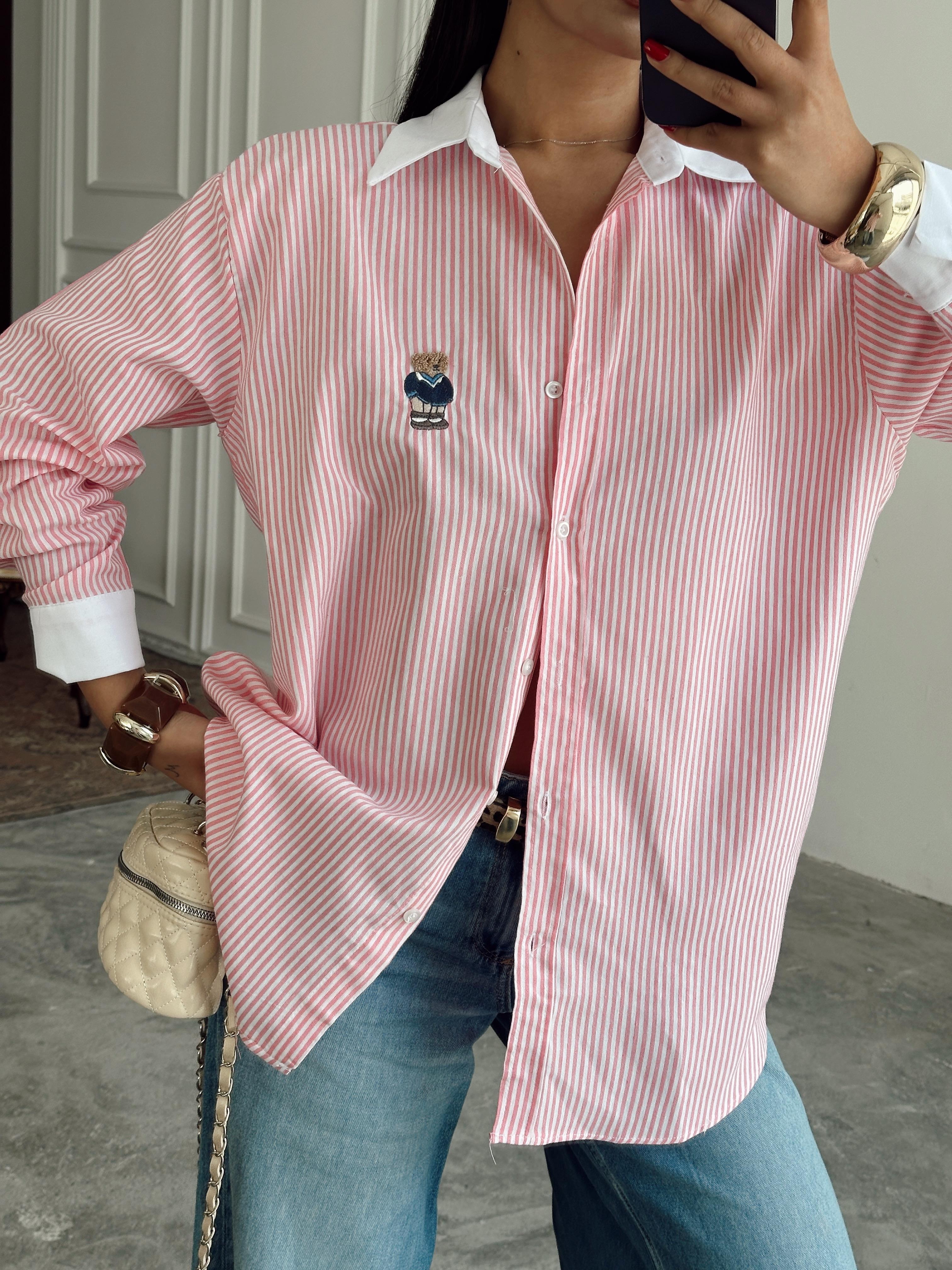 Çizgili Ayıcıklı Gömlek - Pembe