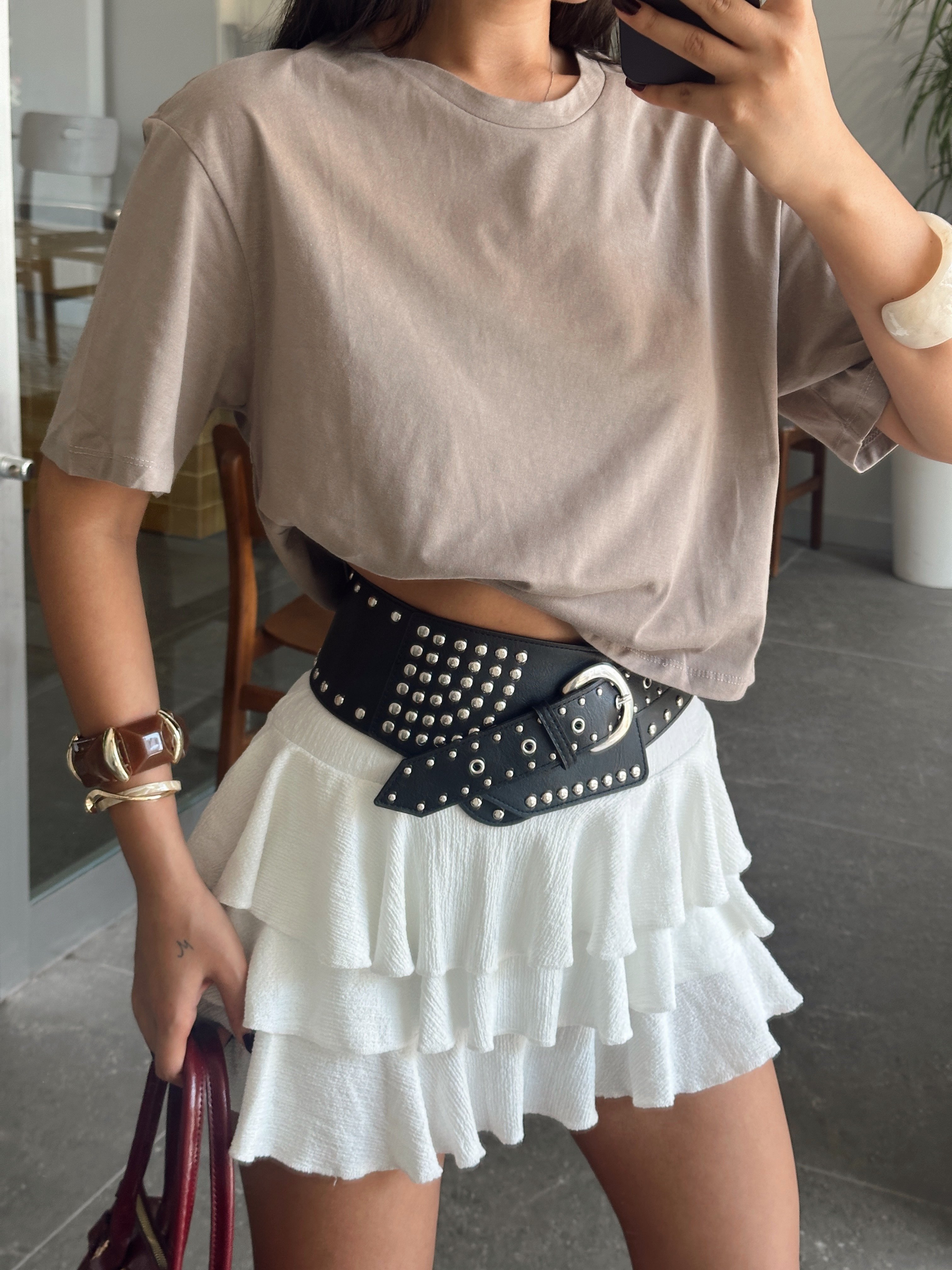 Düz Kısa Kol Crop Basic - Vizon
