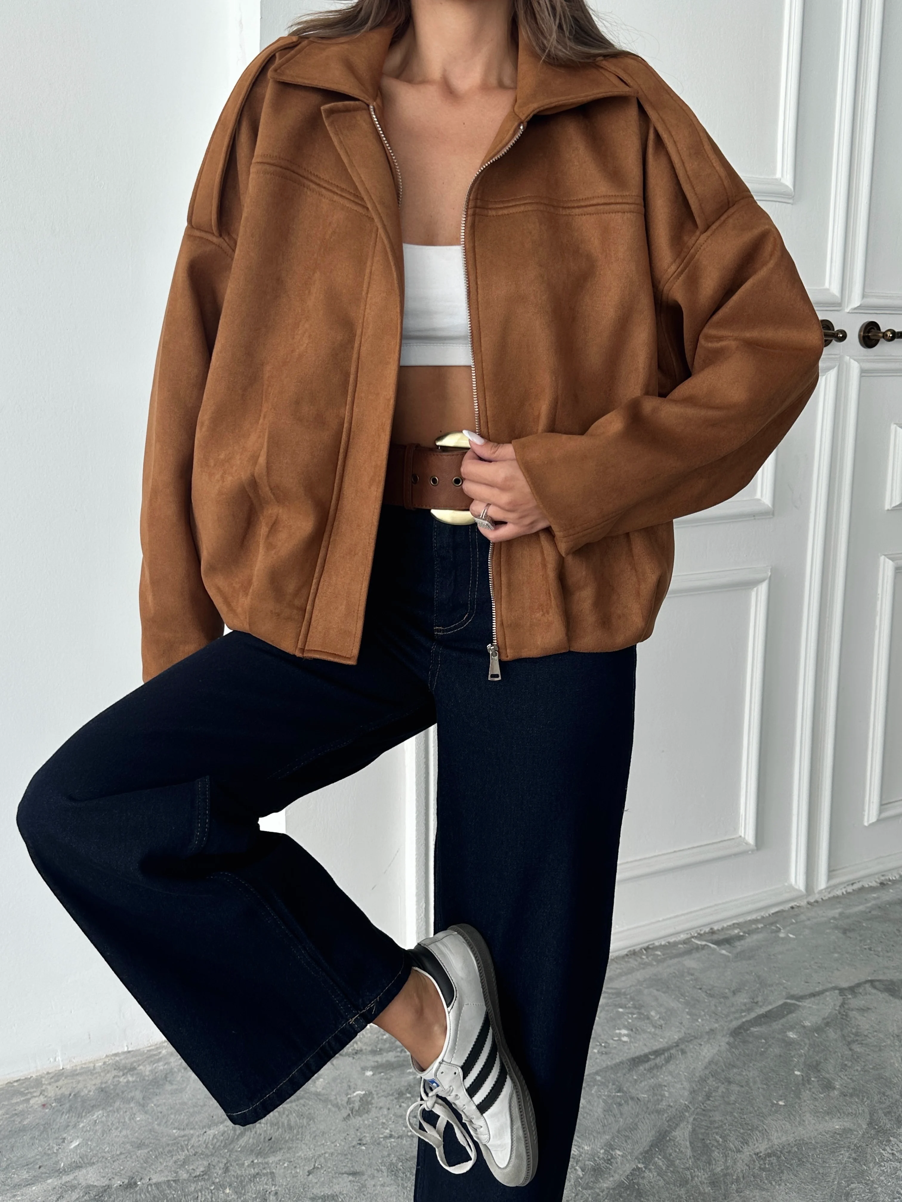 Bomber Süet Ceket - Taba