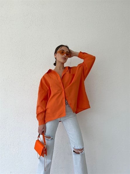 Balon Kol Oversize Poplin Gömlek Turuncu