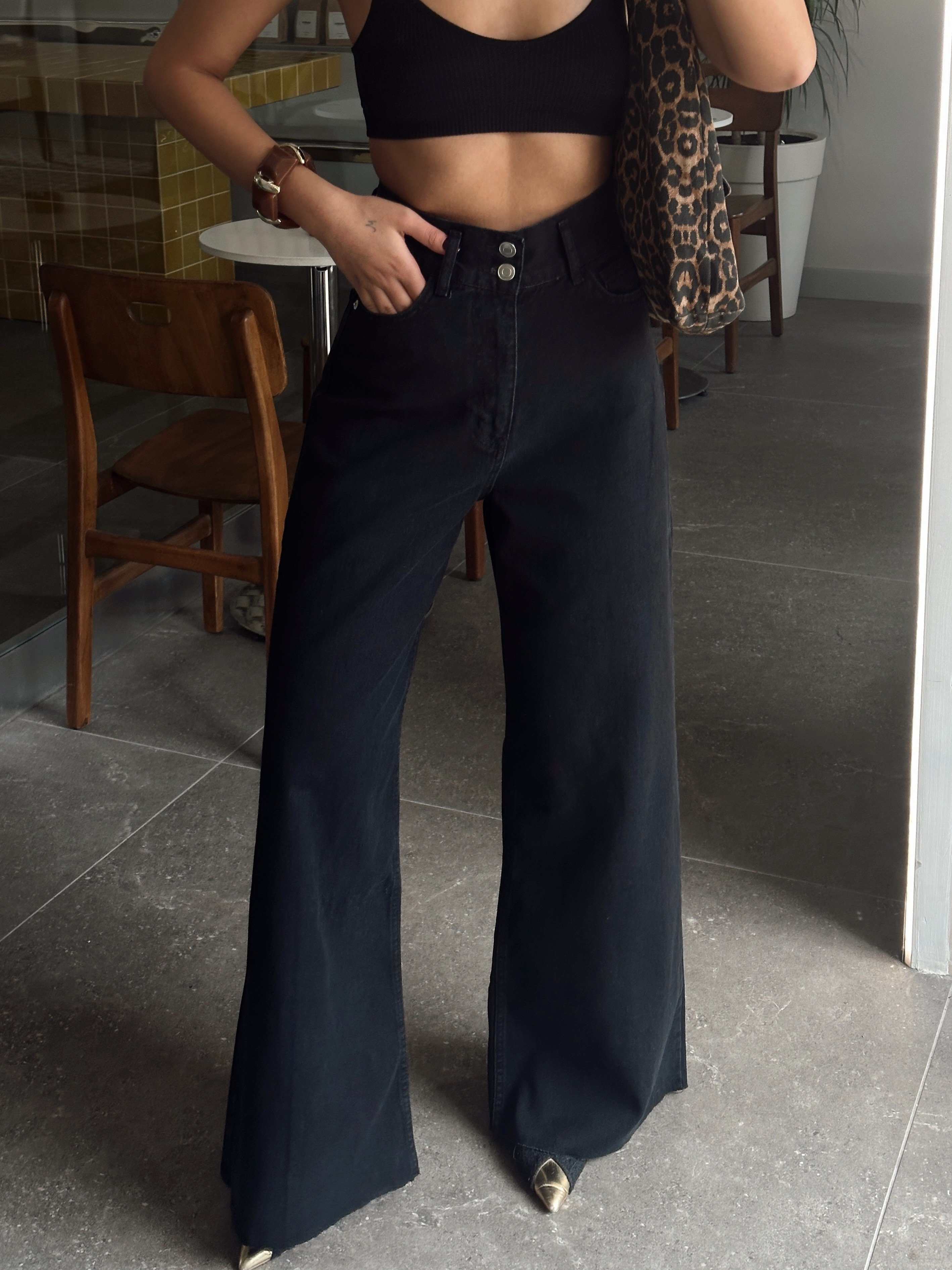 Geniş Kemerli Baggy Jean  - Siyah