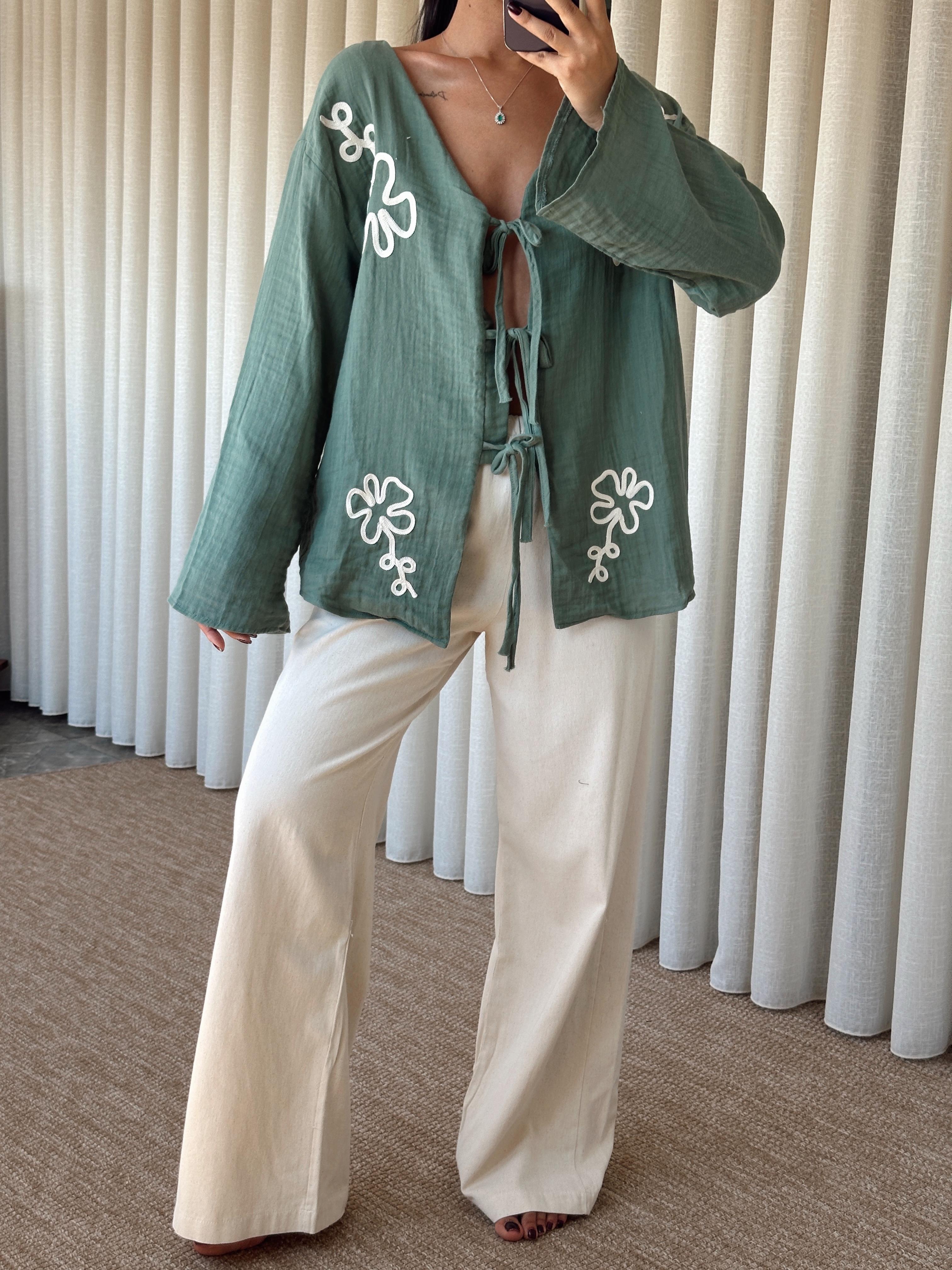 Nakışlı Kimono Takım  - Mint