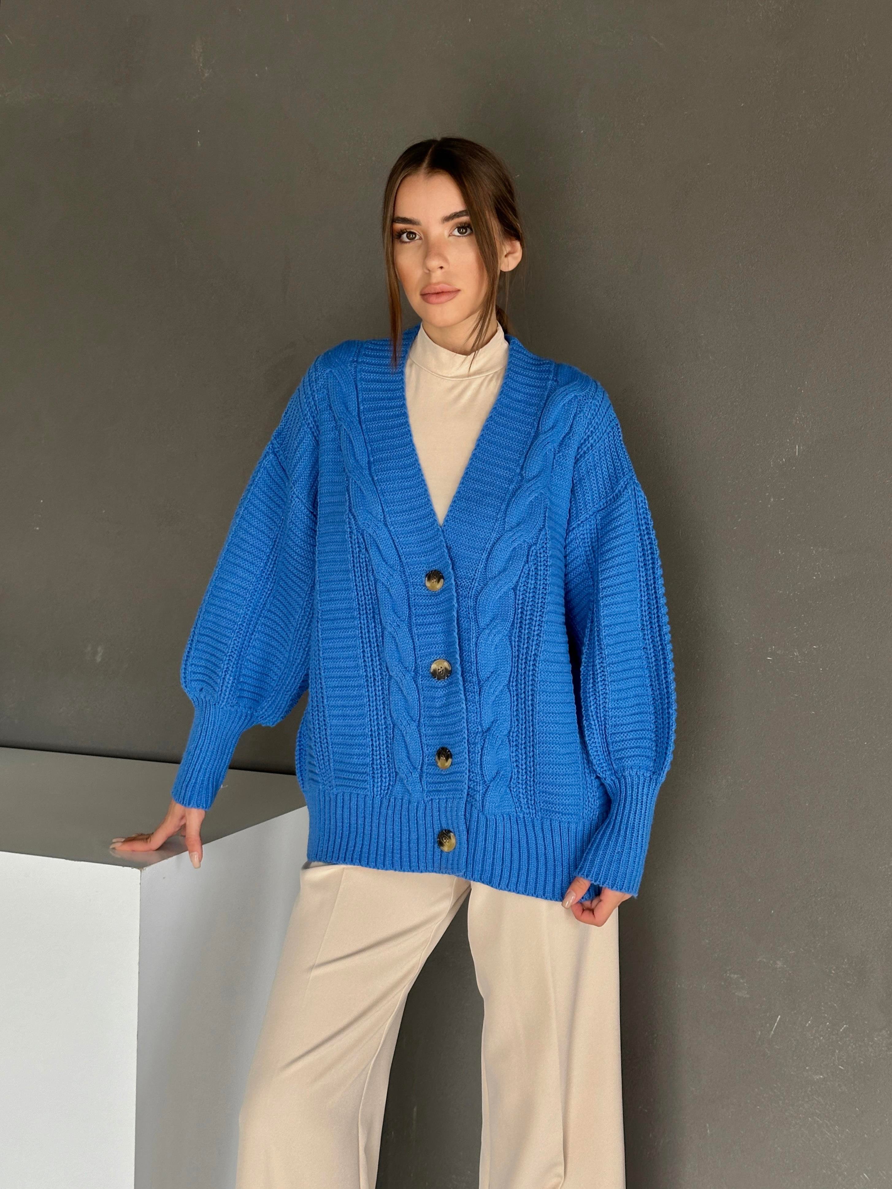 Düğmeli Oversize Örgü Hırka Mavi