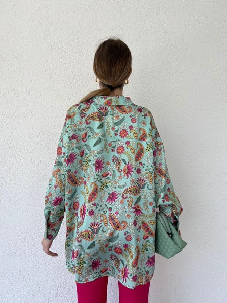 Bohem Desen Oversize Saten Gömlek Mavi