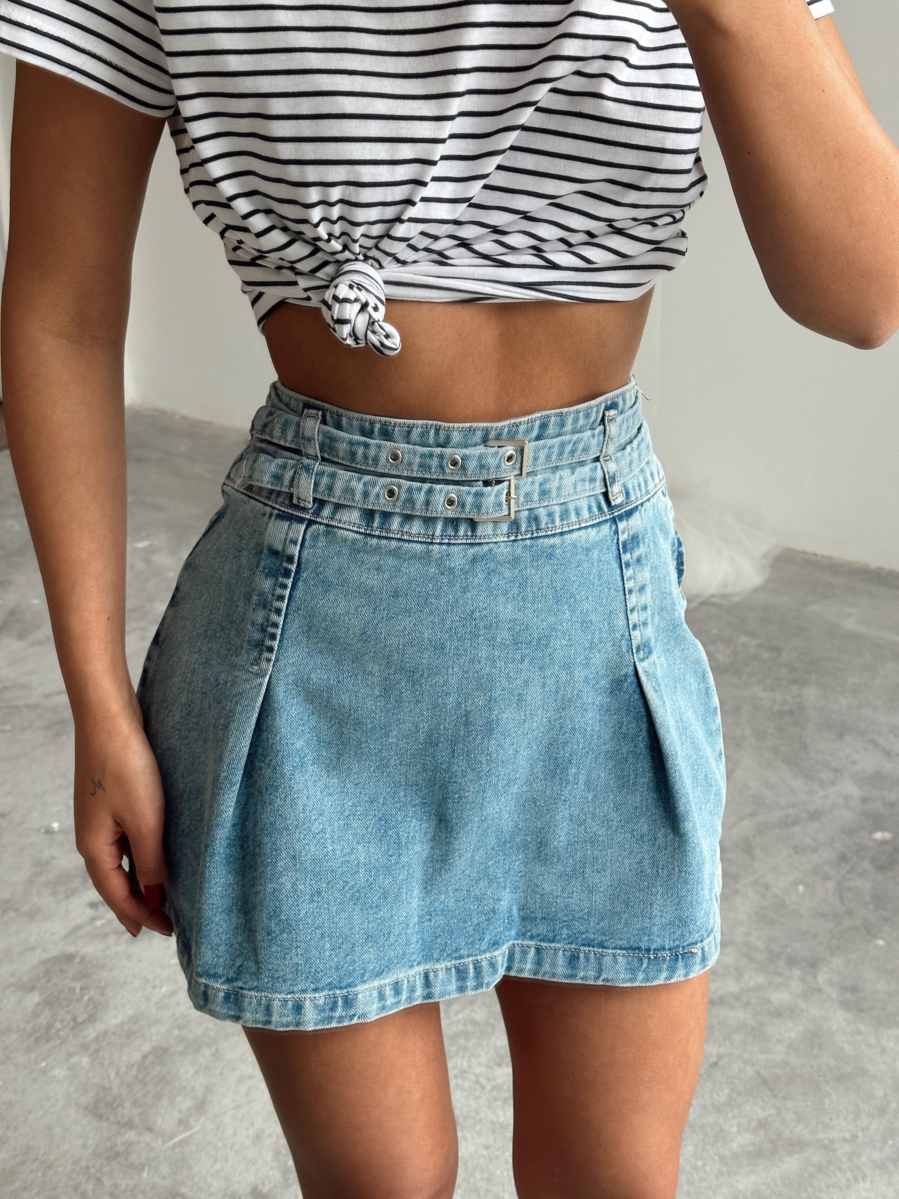 Pileli Denim Etek Mavi