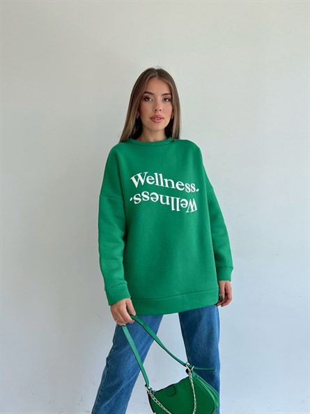 Wellness İşleme Nakışlı Oversize 3 İplik Şardonlu Sweatshirt Yeşil