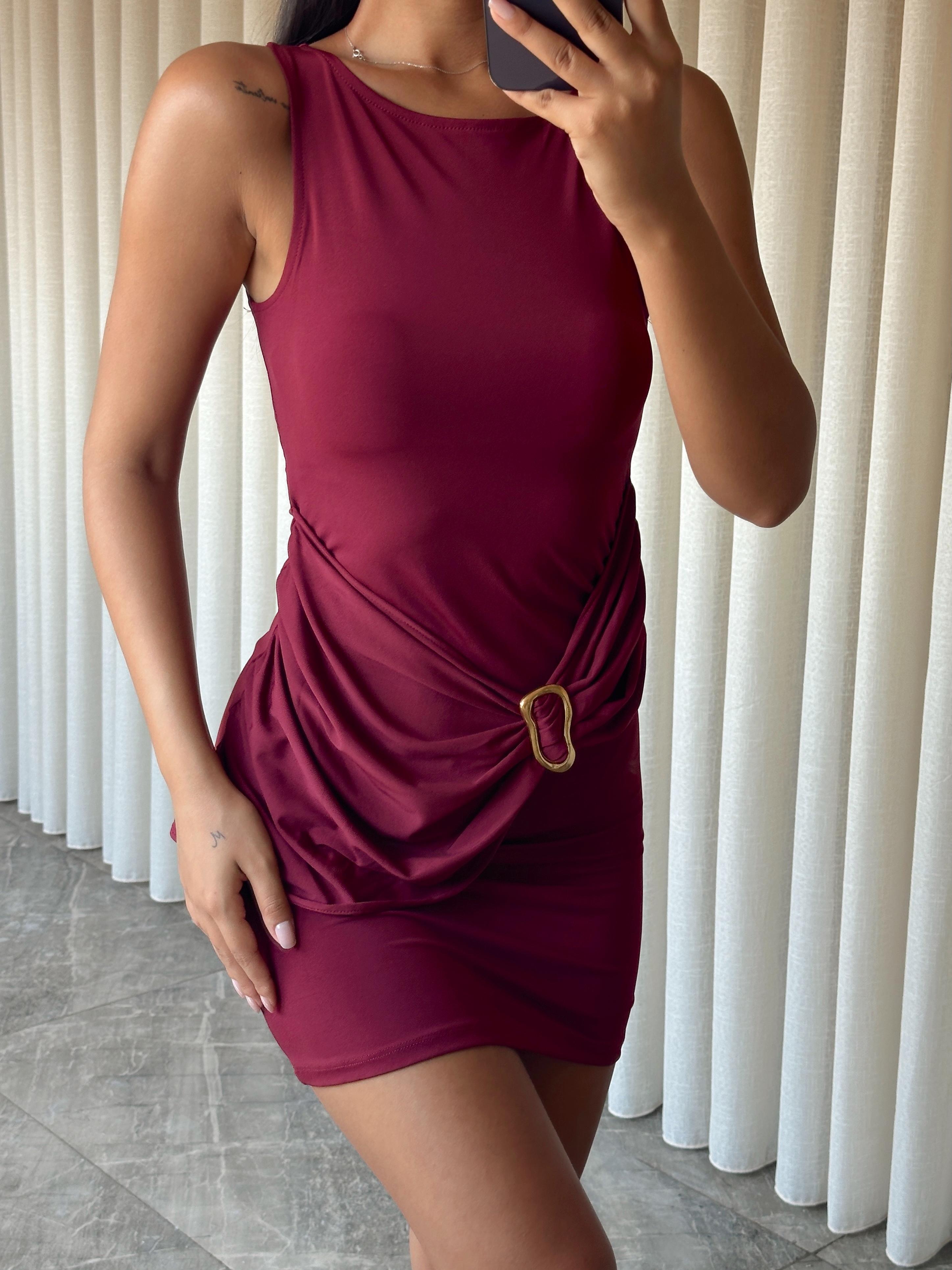 Beli Tokalı Mini Elbise - Bordo