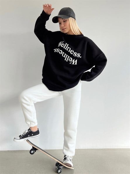 Wellness İşleme Nakışlı Oversize 3 İplik Şardonlu Sweatshirt Siyah