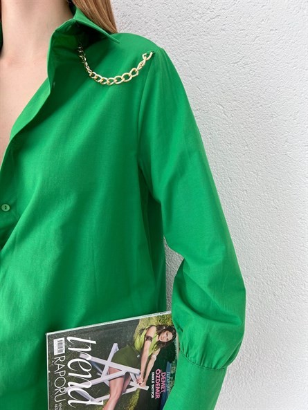 Zincir Apolet Oversize Poplin Gömlek Koyu Yeşil
