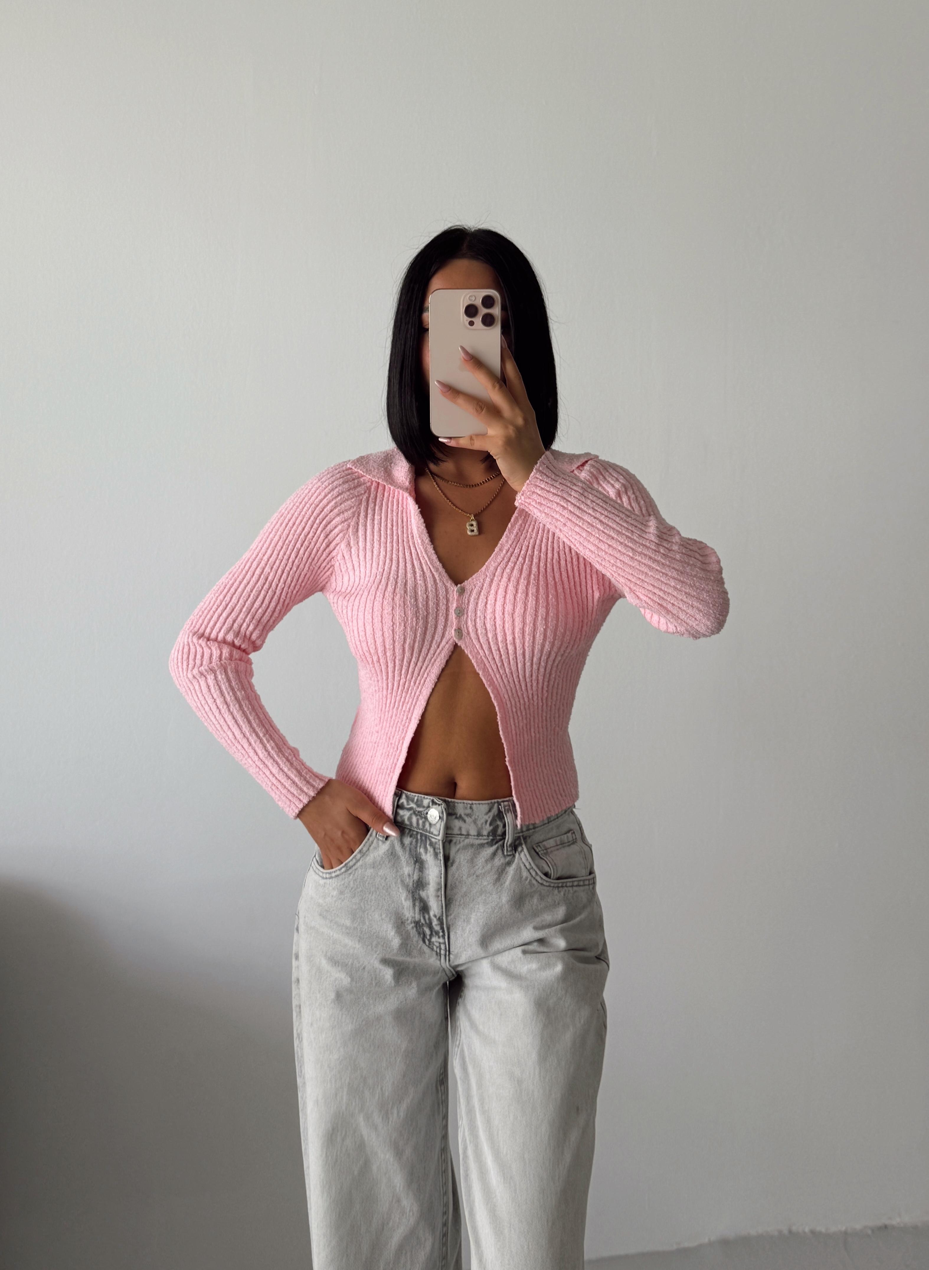 Polo Yaka 3 Düğmeli Triko - Pembe