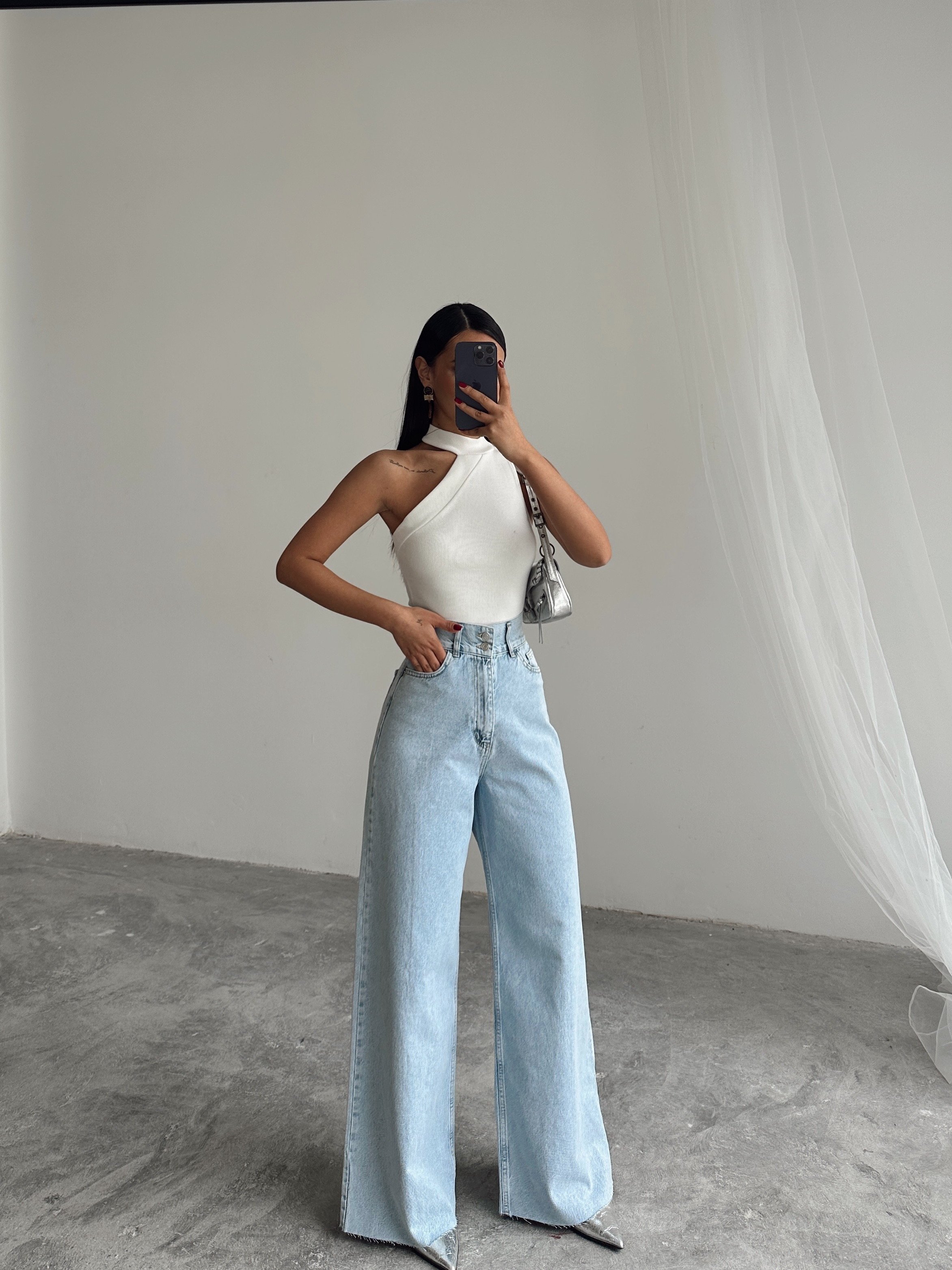 Geniş Kemerli Baggy Jean  - Buz Mavi