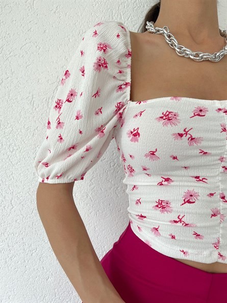 Balon Kol Çiçekli Bluz Beyaz-Pembe