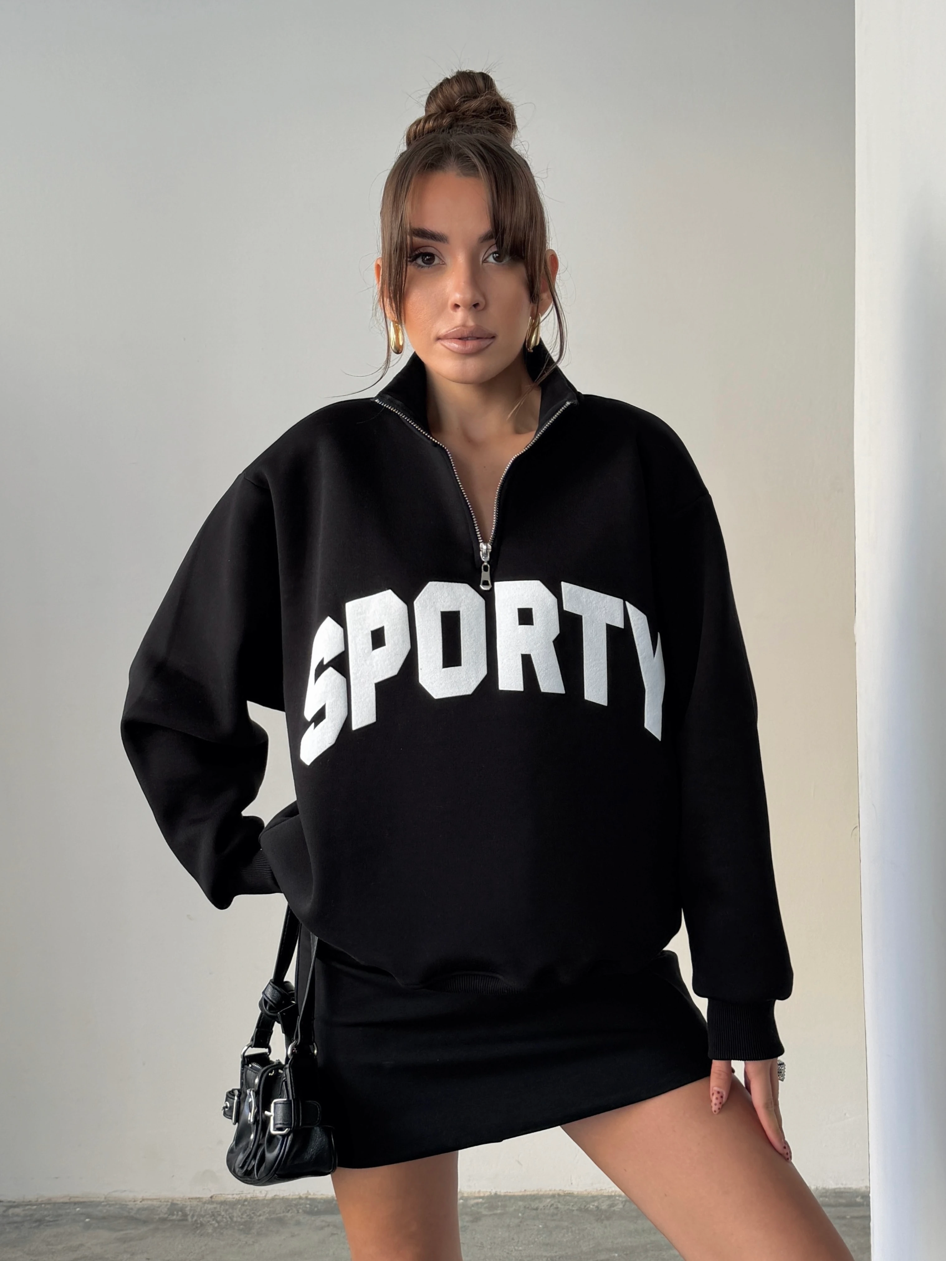 Sporty Yarım Fermuar Sweat - Siyah