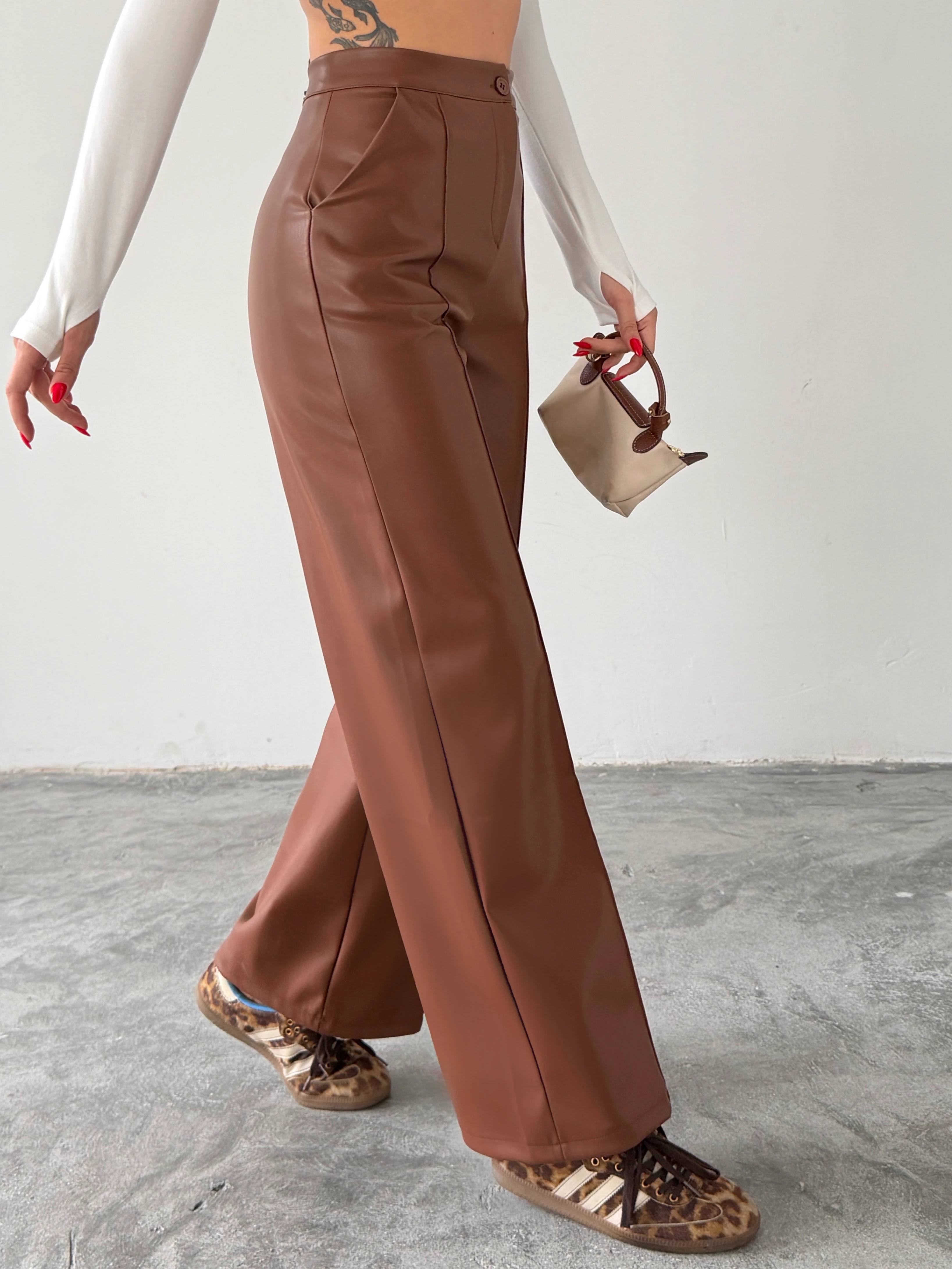 Çımalı Deri Palazzo Pantolon  - Taba