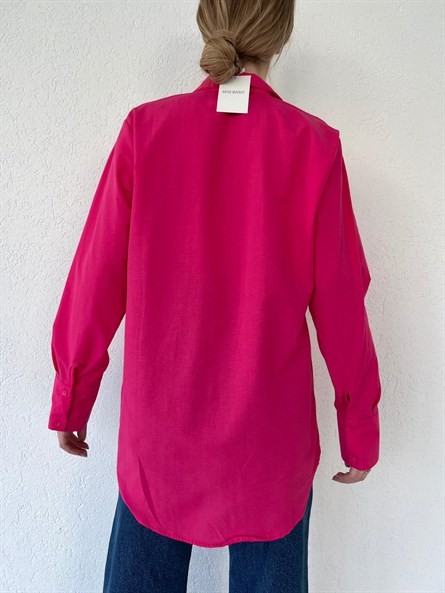 Kol Çift Düğme Oversize Poplin Gömlek Fuşya