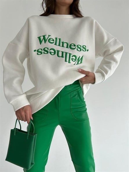 Wellness İşleme Nakışlı Oversize 3 İplik Şardonlu Sweatshirt Beyaz