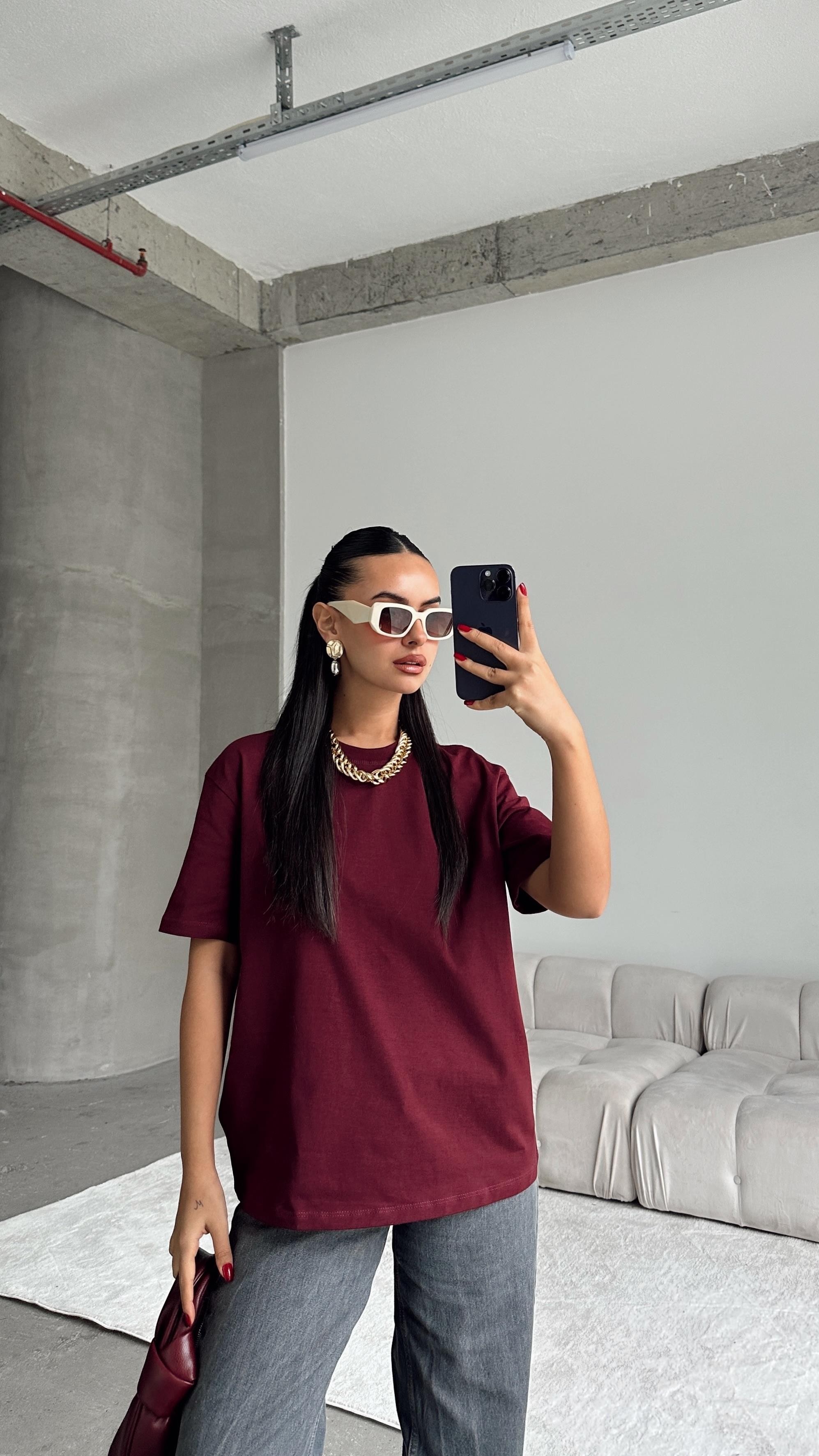 Kısa Kol Basic Tshirt Bordo