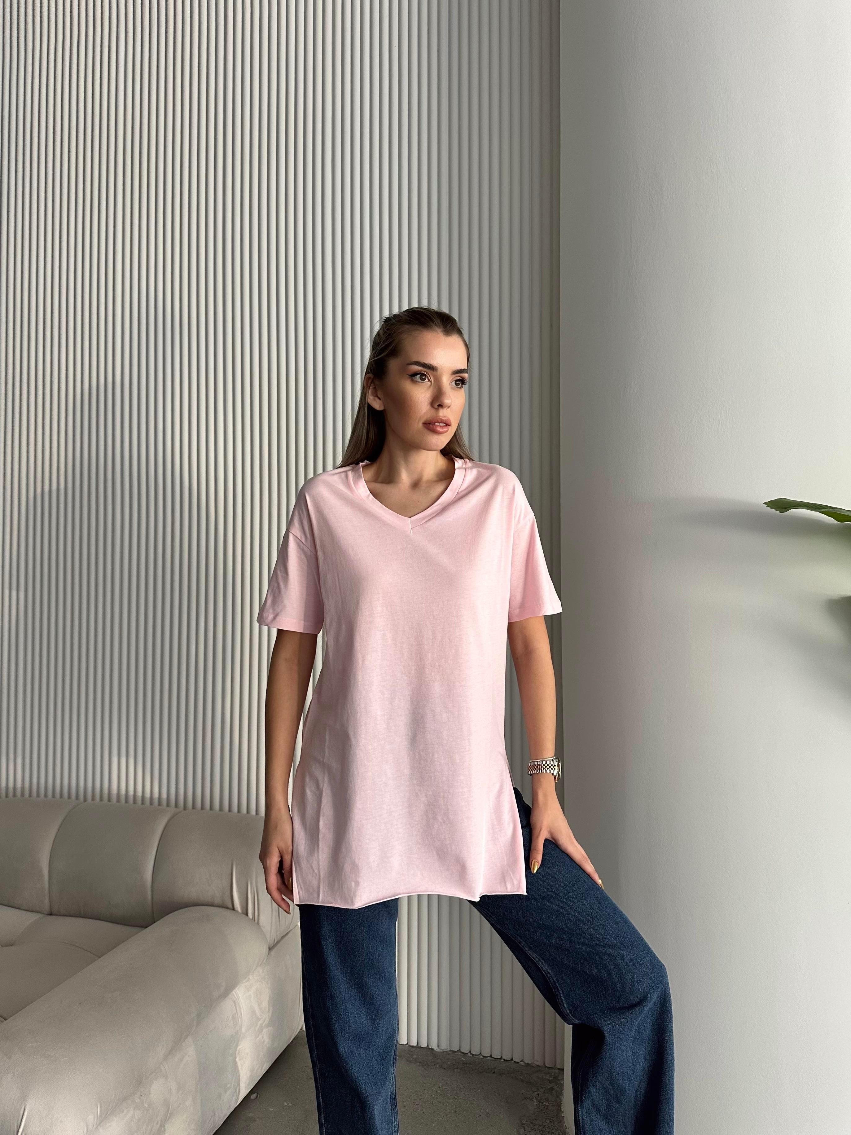 V Yaka Yan Yırtmaç Oversize Basic Pembe