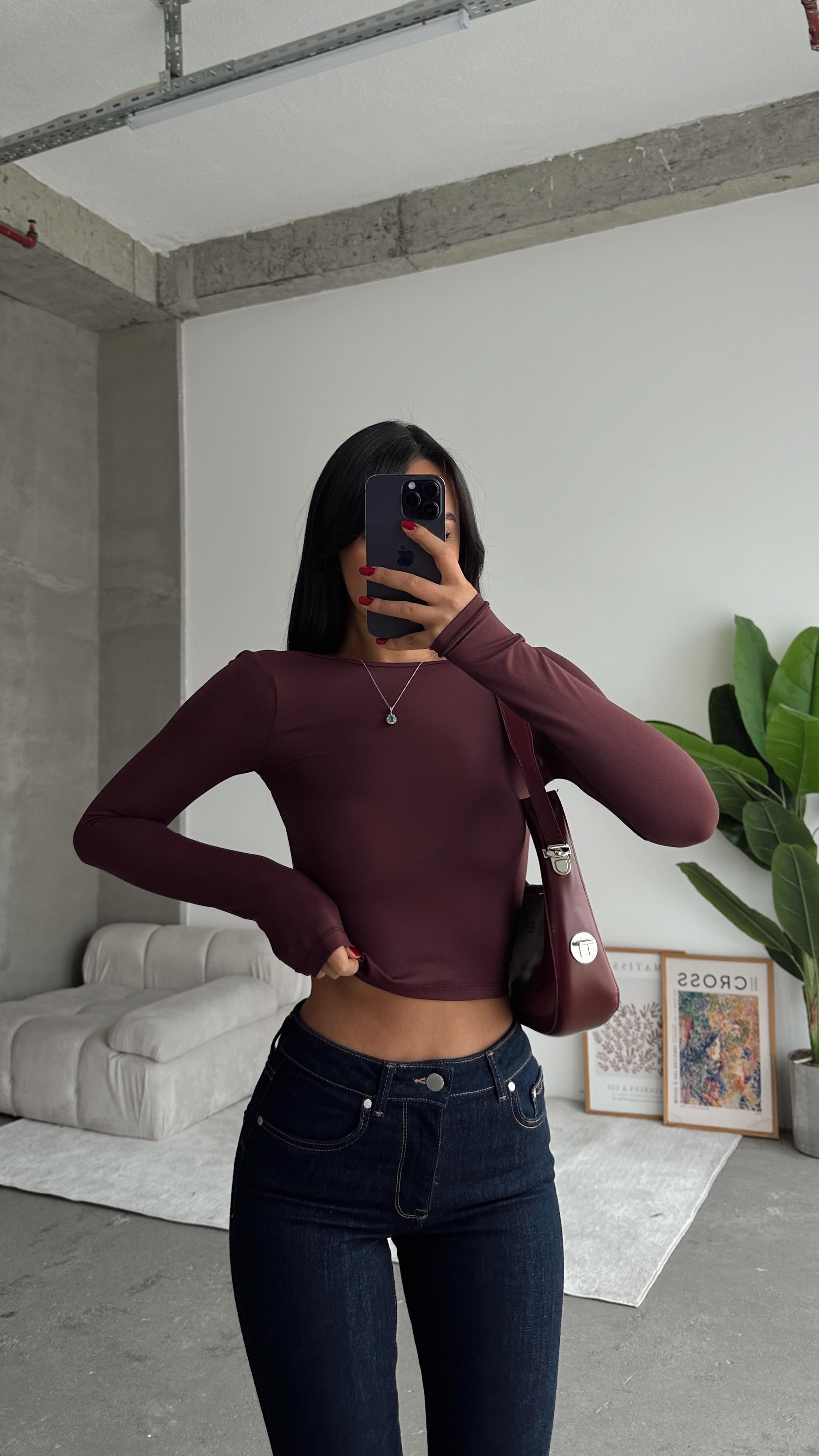 Sırt Dekolte Scuba Bluz Bordo